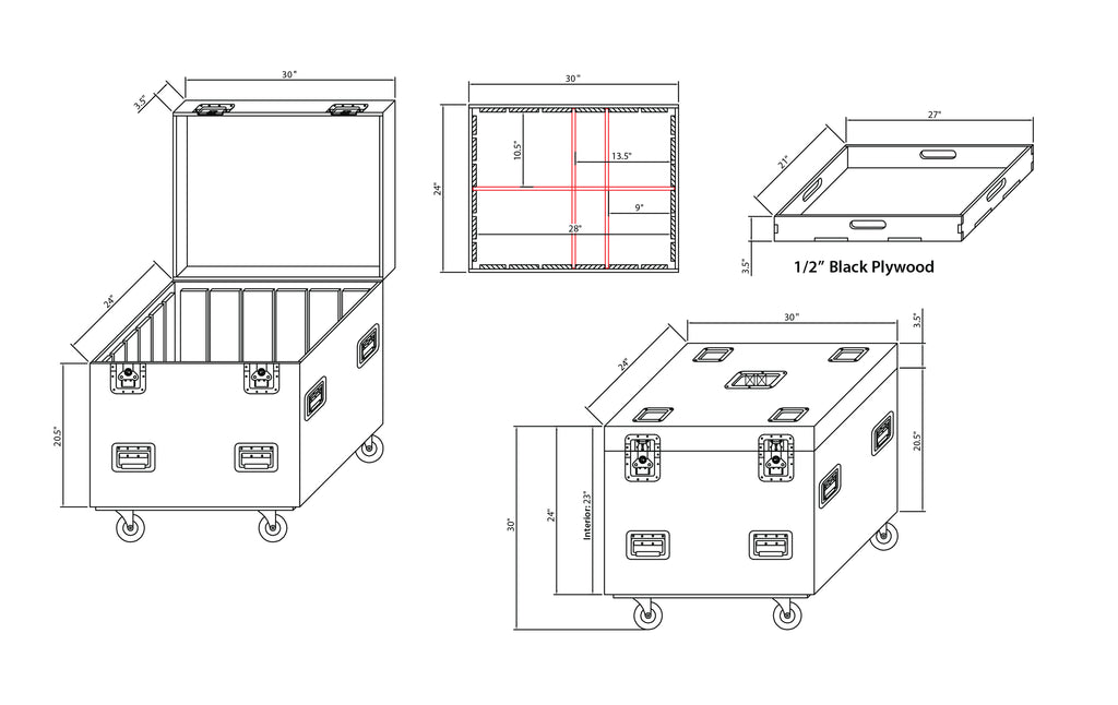 TruckPax Utility ATA Flight Case Truck Storage Road Case with Dividers Tray and 4" in casters – 24"x30"x30" Ext