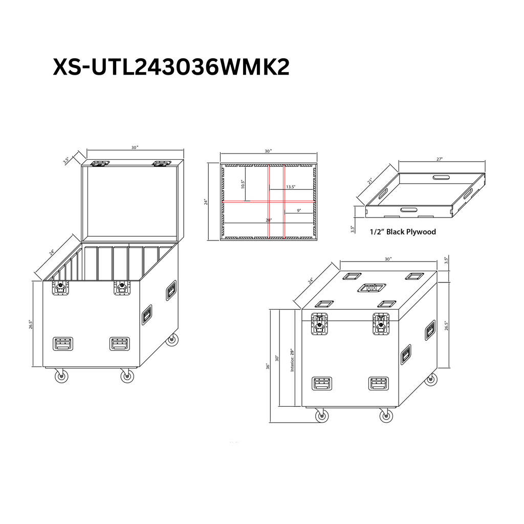 TruckPax Utility ATA Flight Case Truck Storage Road Case with Dividers Tray and 4" in casters – 24"x30"x36" Ext