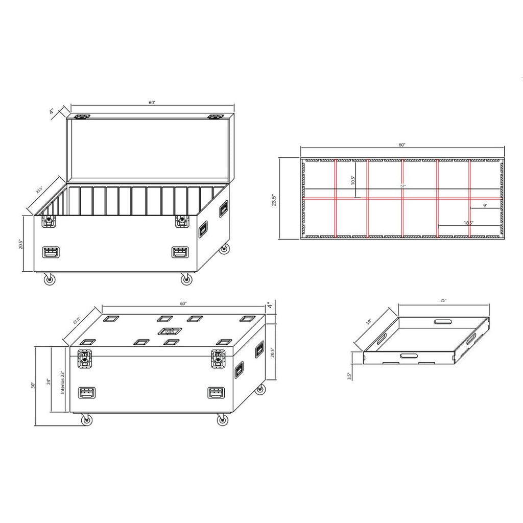 TruckPax Utility ATA Flight Case Truck Storage Road Case with Dividers Tray and 4" in casters - 24"x60"x30" Ext