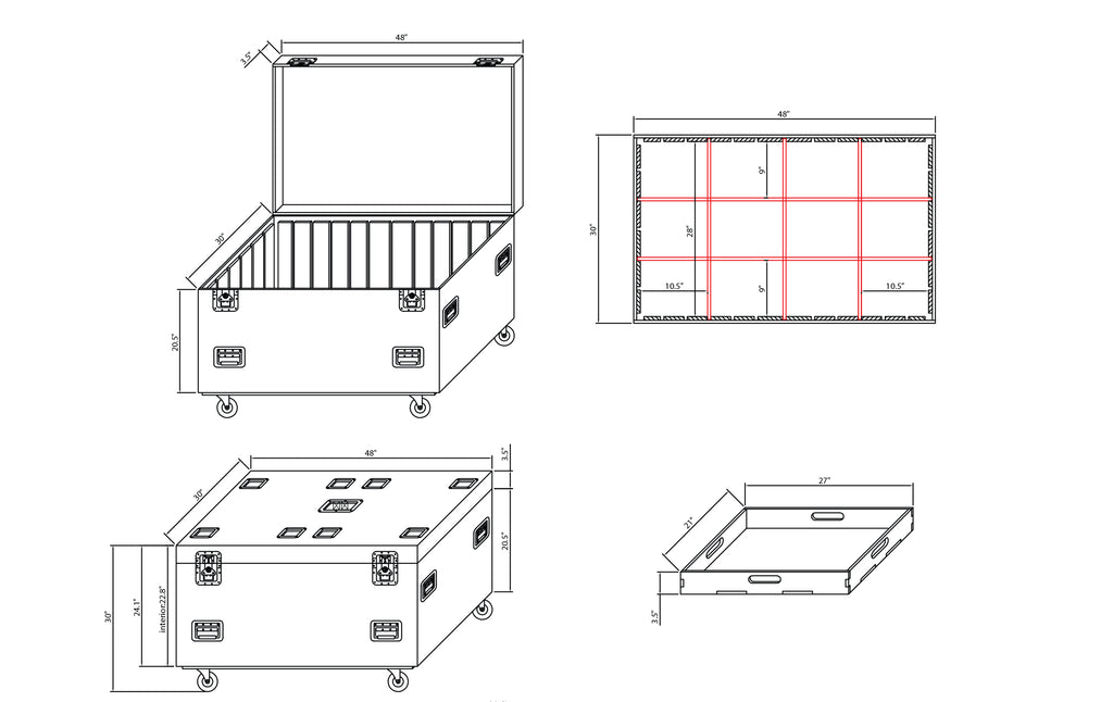 TruckPax Utility ATA Flight Case Truck Storage Road Case with Dividers Tray and 4" in casters – 48"x30"x30" Ext