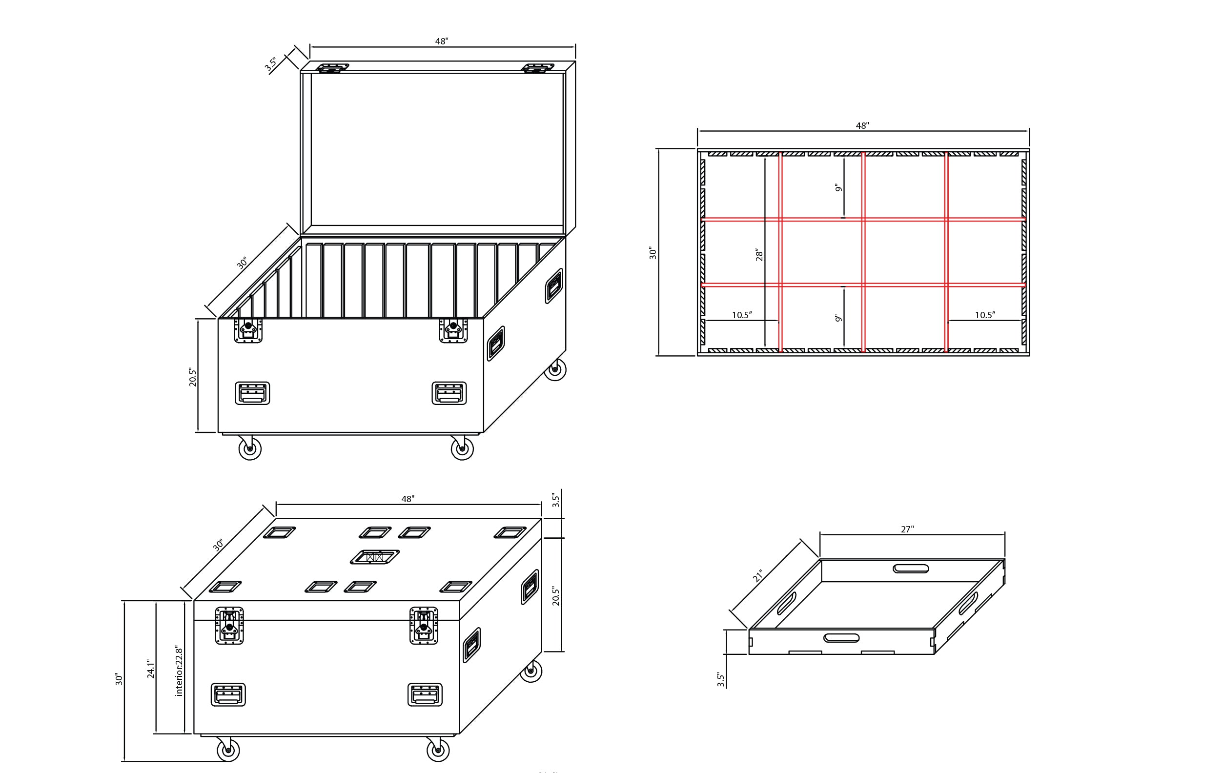 TruckPax Utility ATA Flight Case Truck Storage Road Case with Dividers Tray and 4" in casters – 48"x30"x30" Ext