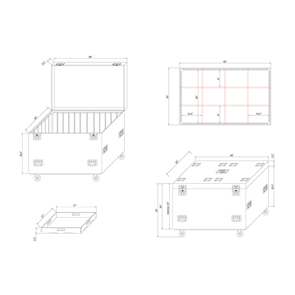 TruckPax Utility ATA Flight Case Truck Storage Road Case with Dividers Tray and 4" in casters – 48"x30"x36" Ext