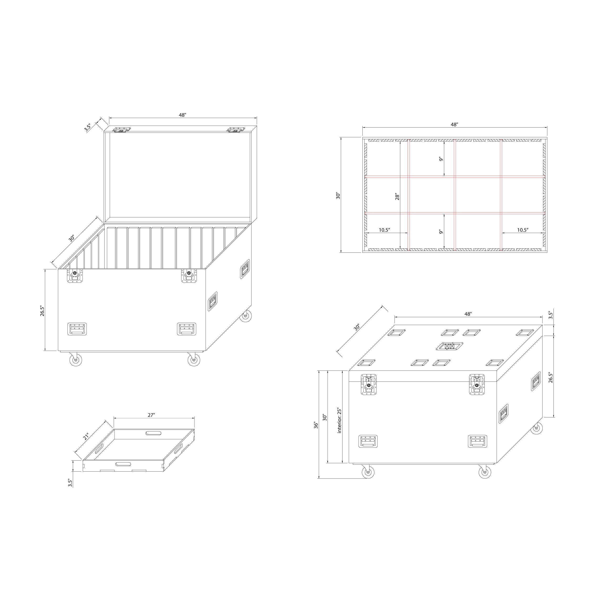 TruckPax Utility ATA Flight Case Truck Storage Road Case with Dividers Tray and 4" in casters – 48"x30"x36" Ext