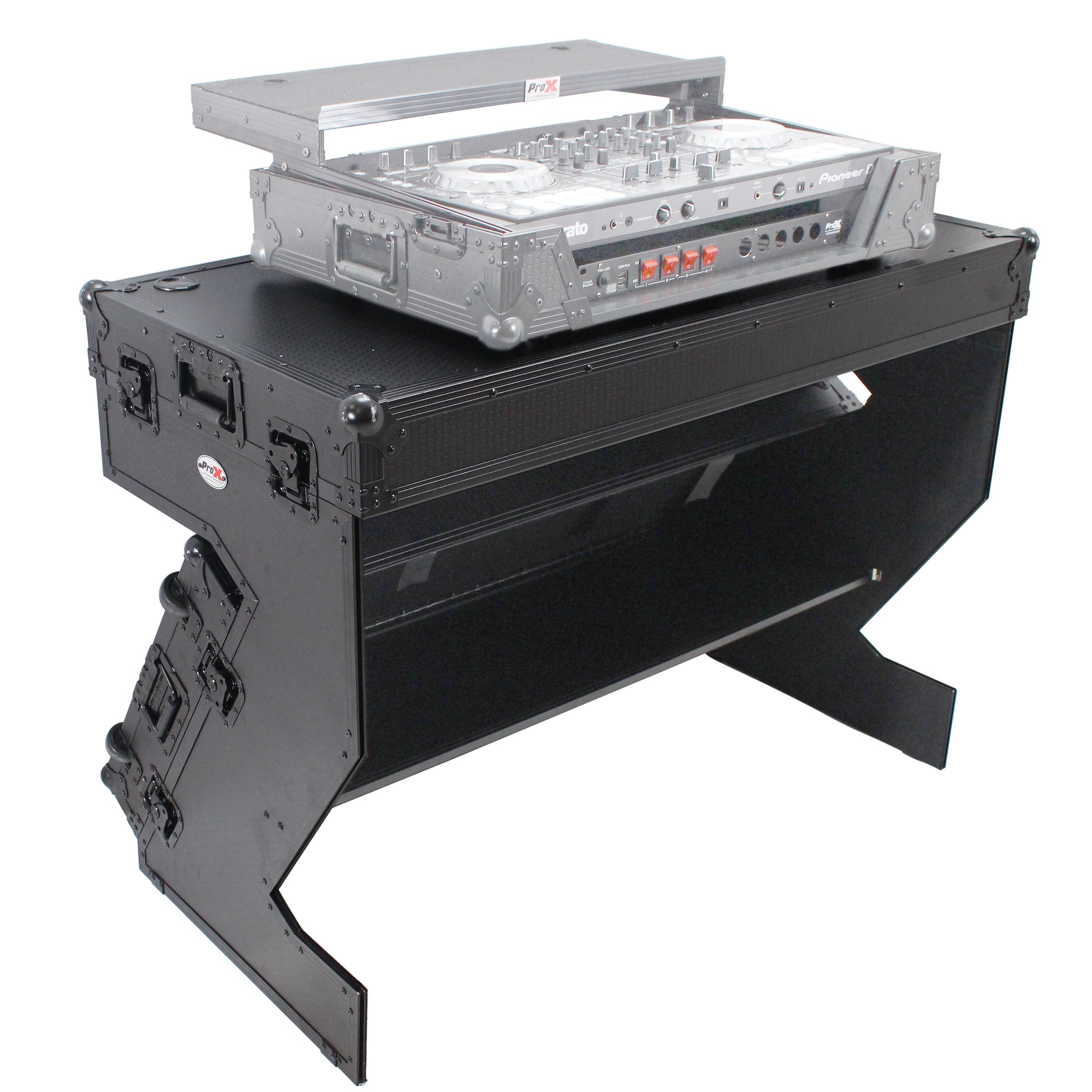 DJ Z-Table Folding DJ Table Mobile Workstation Flight Case Style with Handles and Wheels - Black Finish