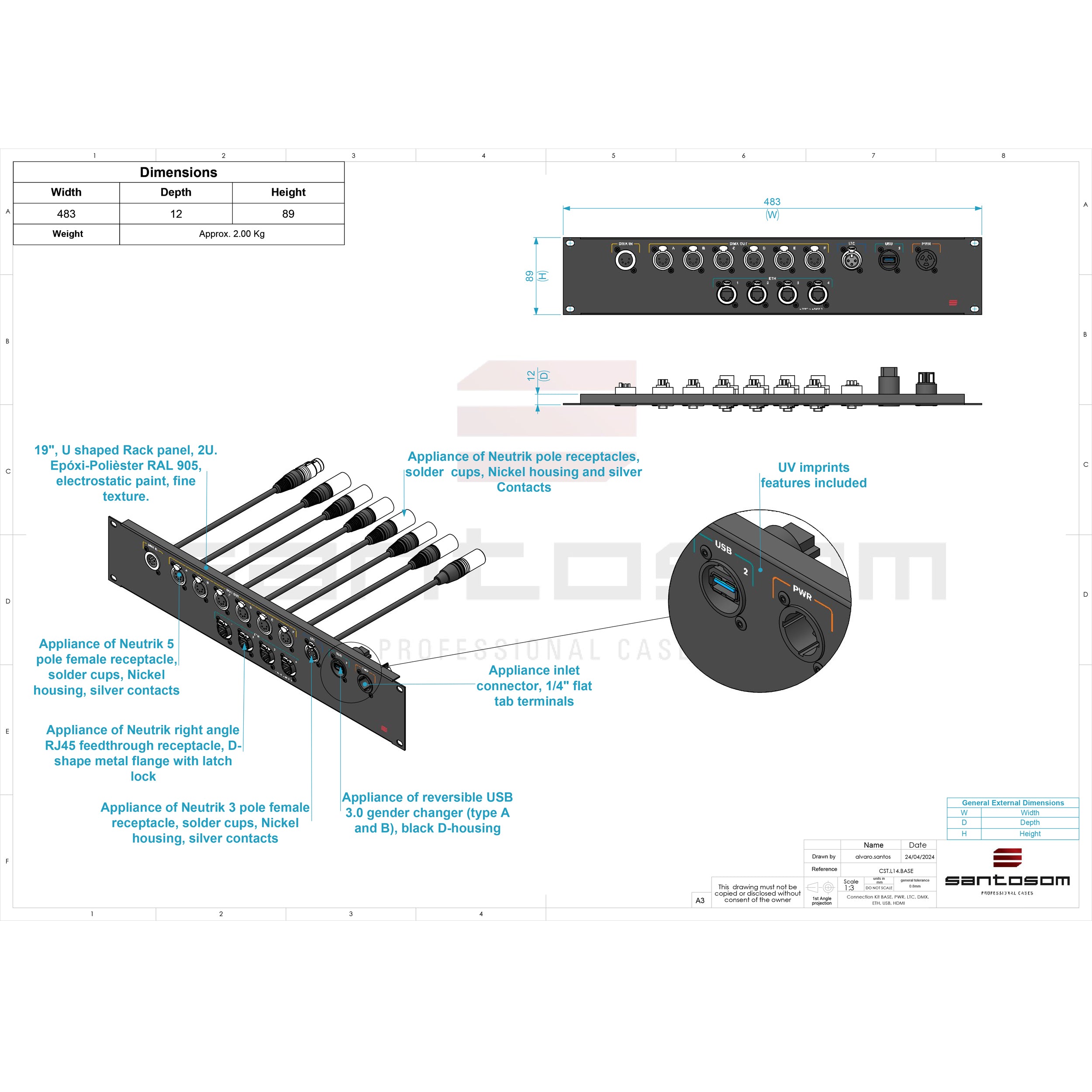 Connection System Light 2U (PWR,LTC,DMX,ETH,USB) by Santosom