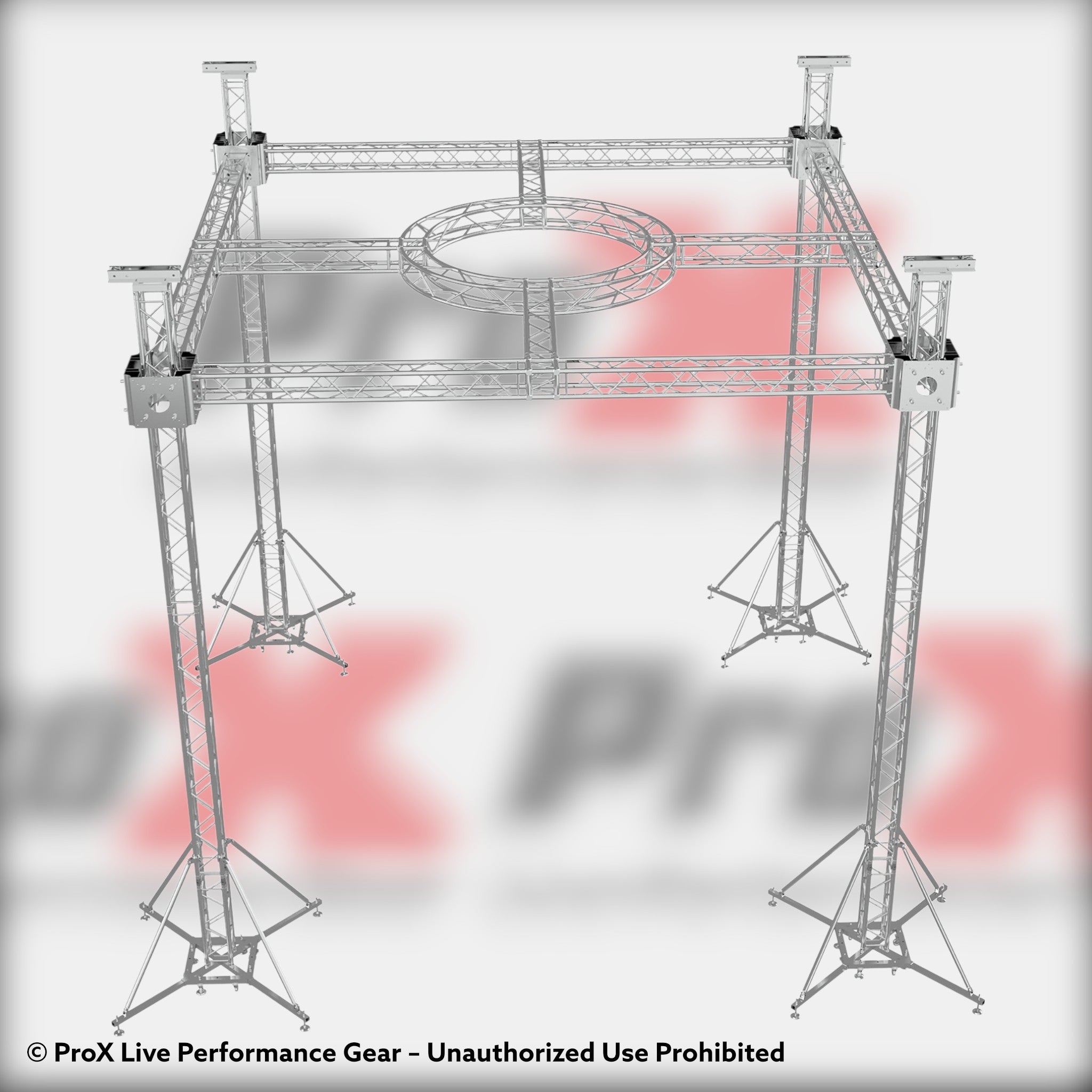 F34 Stage Roofing Truss System with Ground Support, Circular Truss and Chain Hoists – 21x21x23 Ft. Circle in Center