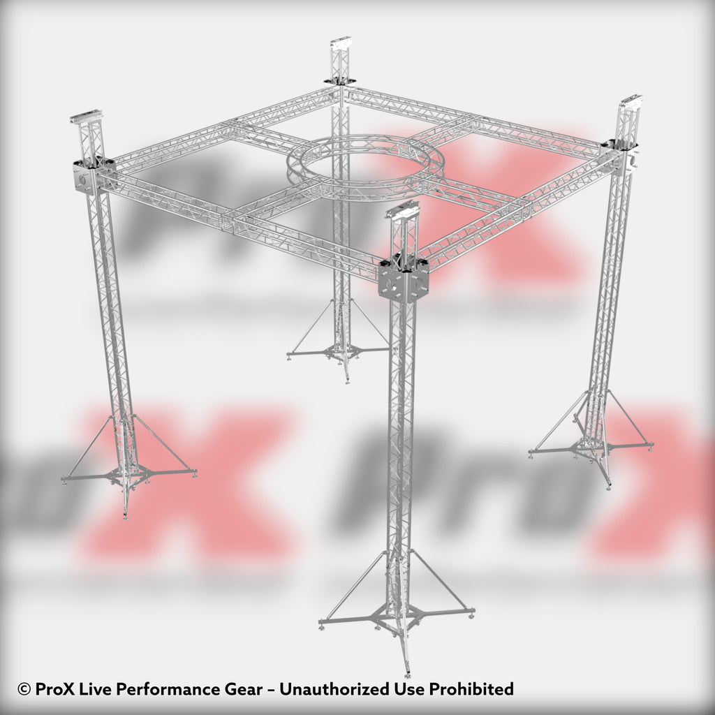 F34 Stage Roofing Truss System with Ground Support, Circular Truss and Chain Hoists – 21x21x23 Ft. Circle in Center