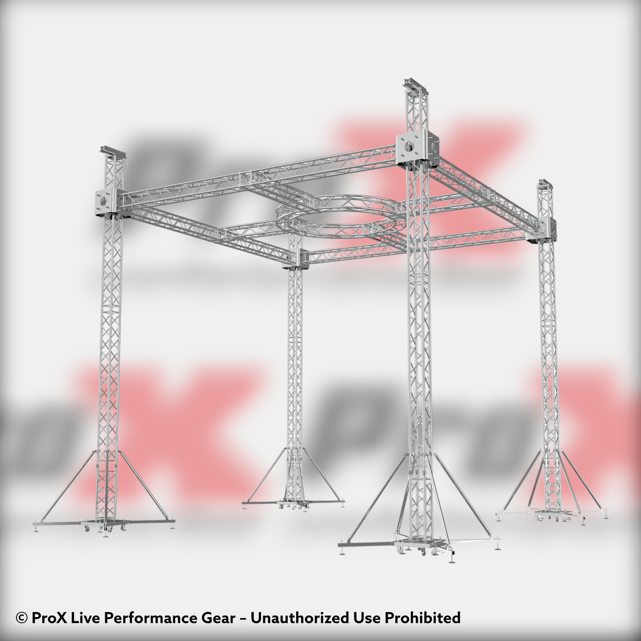 F34 Stage Roofing Truss System with Ground Support, Circular Truss and Chain Hoists – 21x21x23 Ft. Circle in Center