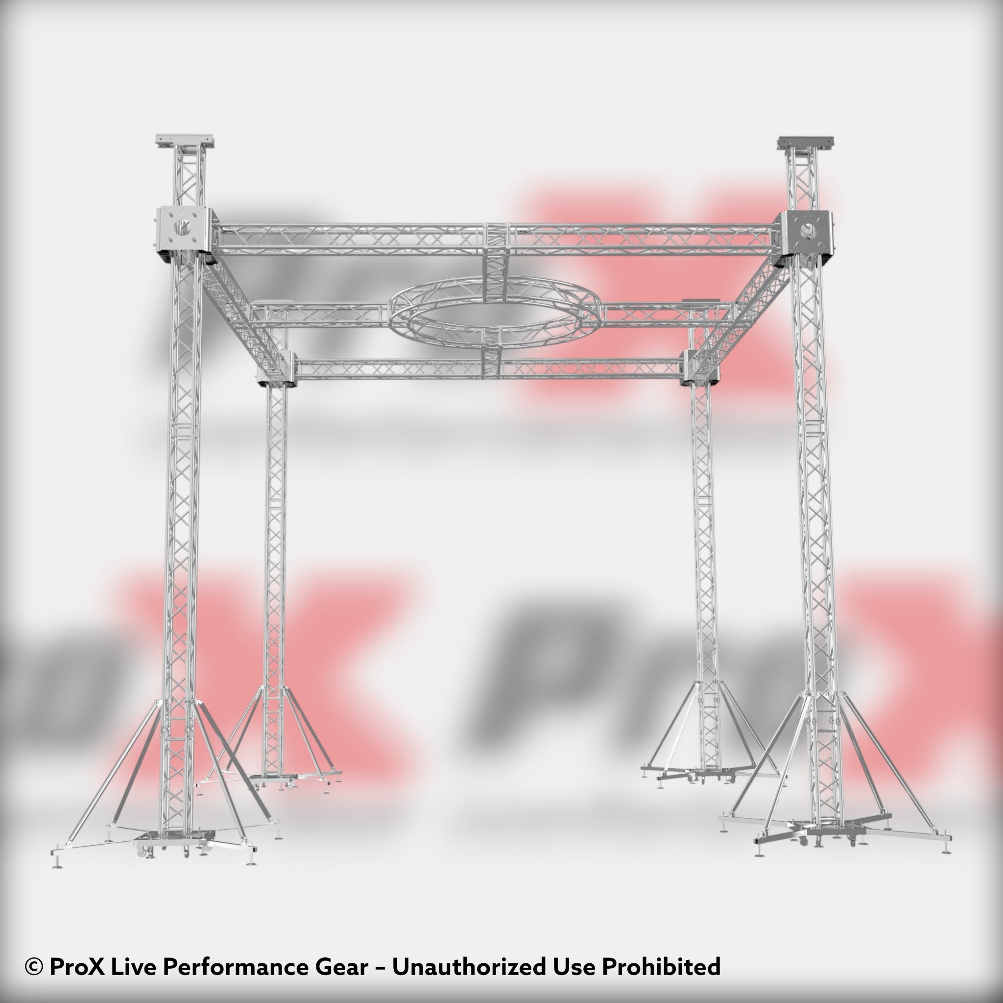 F34 Stage Roofing Truss System with Ground Support, Circular Truss and Chain Hoists – 21x21x23 Ft. Circle in Center