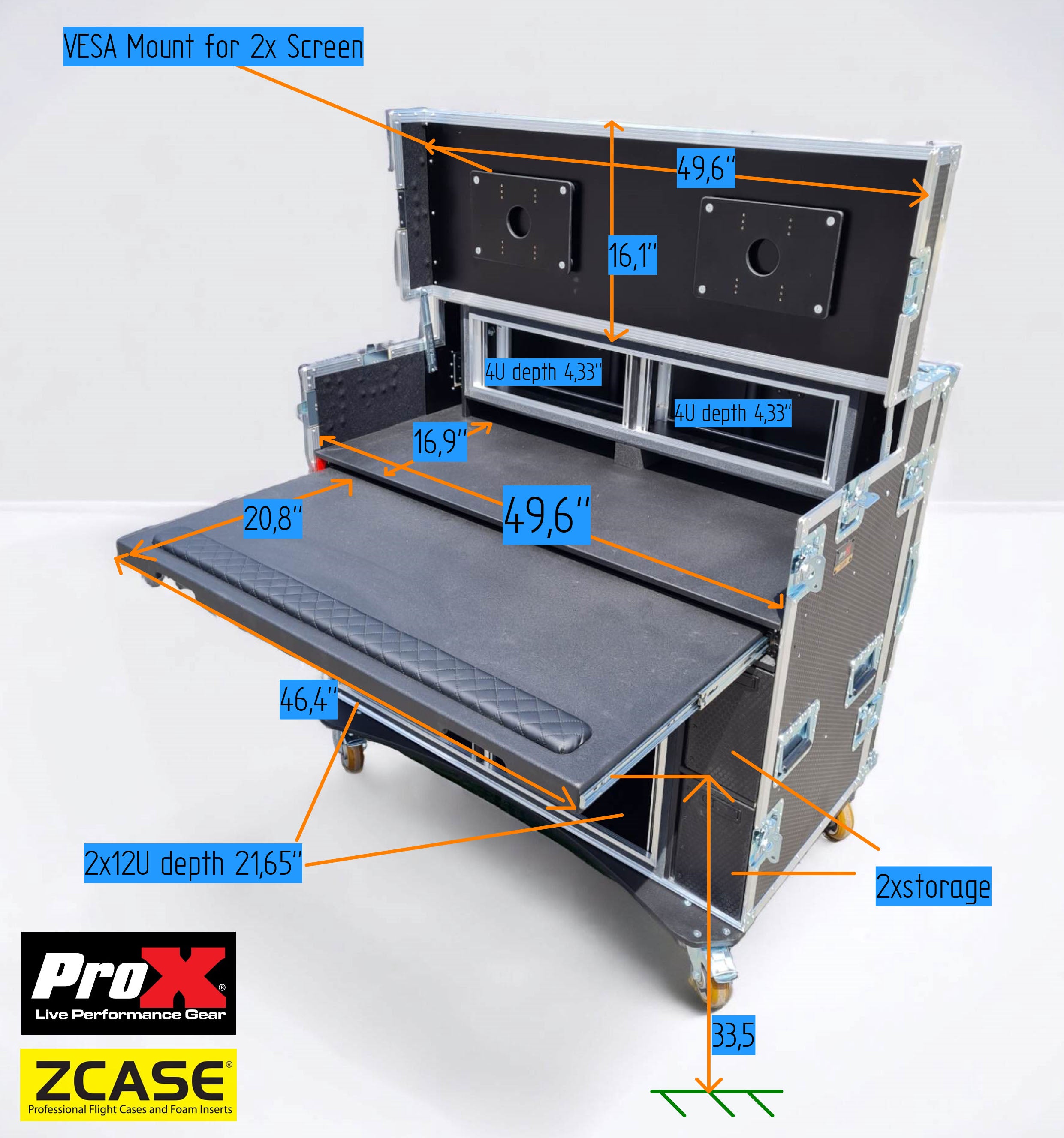 Mobile AV Broadcasting Streaming Recording Studio Workstation Case with 2x 4U Top 2x 12U Bottom