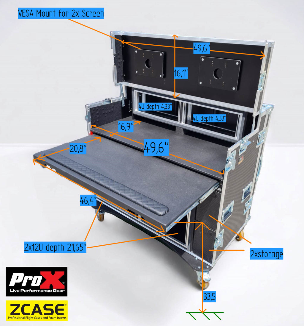 Mobile AV Broadcasting Streaming Recording Studio Workstation Case with 2x 4U Top 2x 12U Bottom Black Finish
