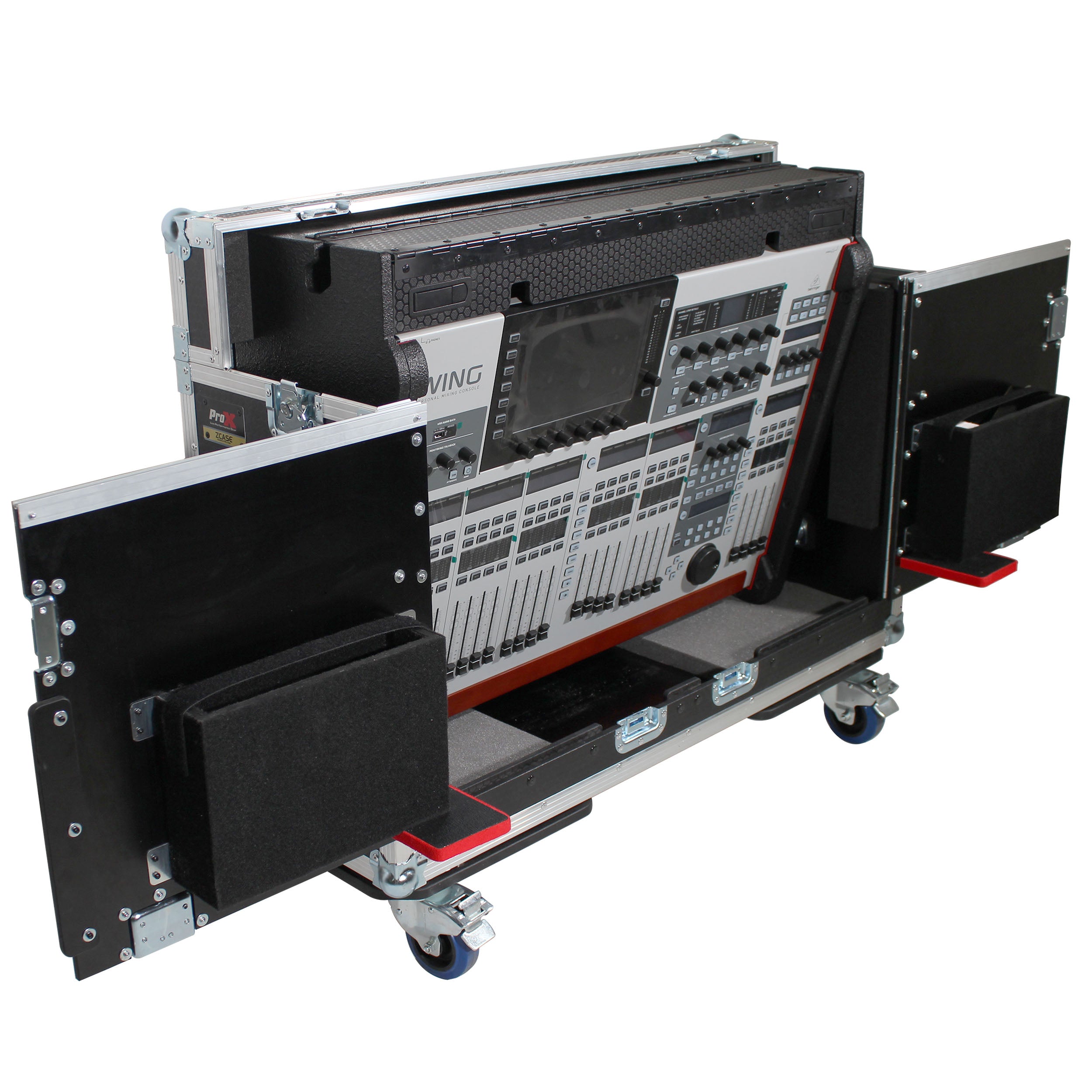 Behringer Wing Flip-Ready Hydraulic Console Easy Retracting Lifting Flight Case and wheels