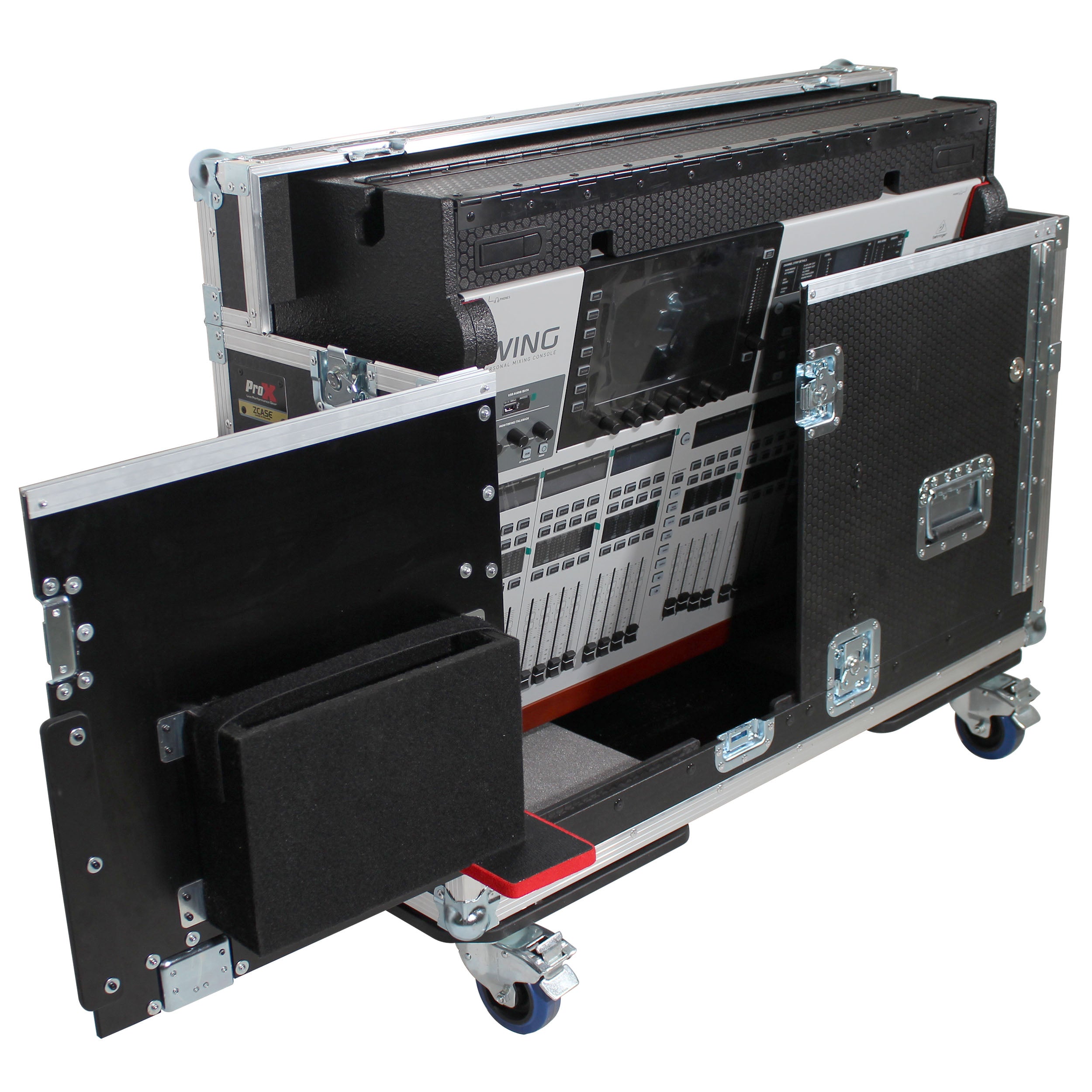 Behringer Wing Flip-Ready Hydraulic Console Easy Retracting Lifting Flight Case and wheels