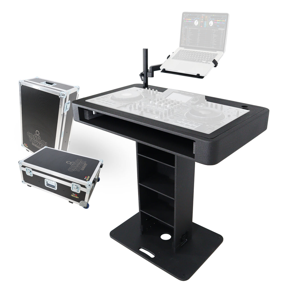 Control Tower DJ Podium with Road Cases for Pioneer DDJ-REV7 DDJ-FLX10 XDJ-XZ  RANE Four - Black Finish