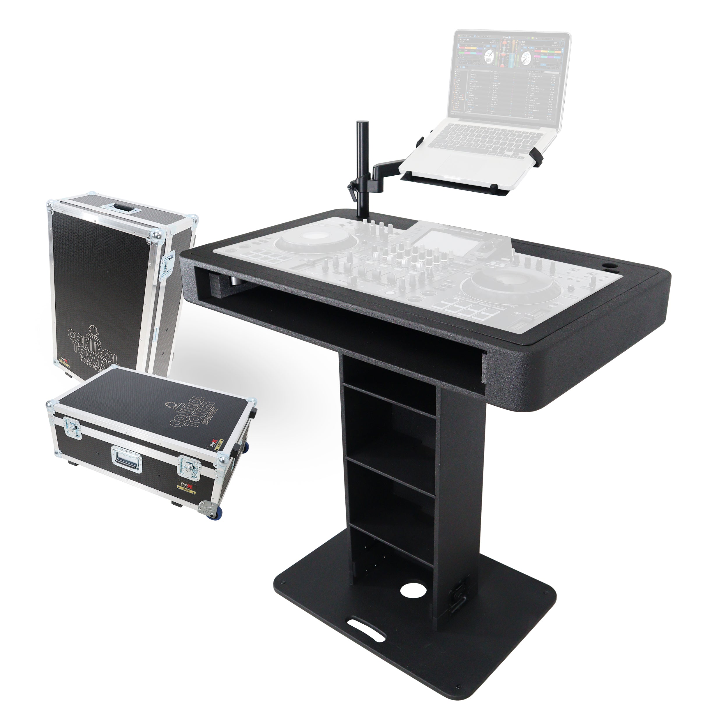 Control Tower DJ Podium with Road Cases for Pioneer DDJ-REV7 DDJ-FLX10 XDJ-XZ  RANE Four - Black Finish