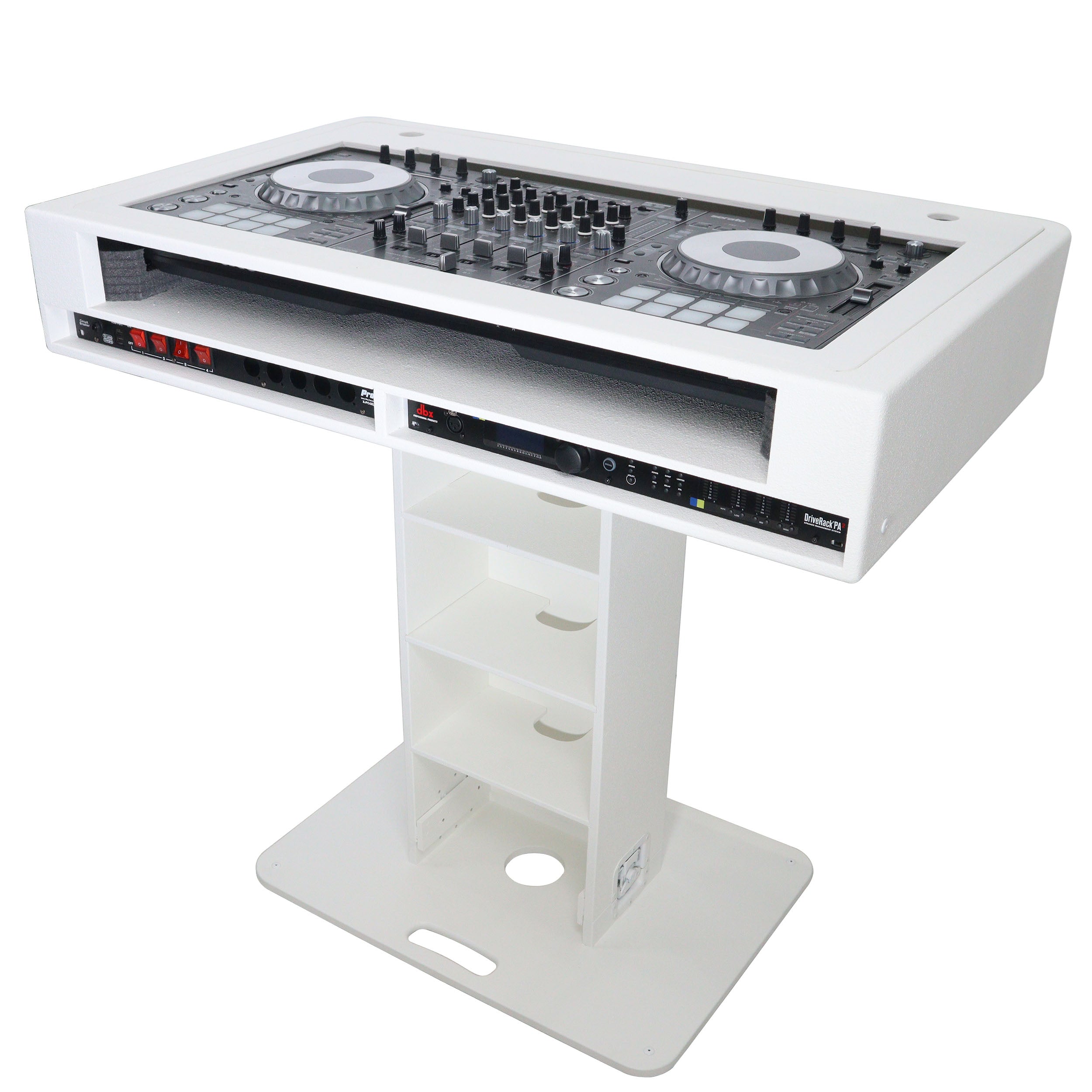 Control Tower DJ Podium 2x 1U Rack Space with Road Cases for Pioneer DDJ-REV7 XDJ-XZ FLX10 RANE Four - White Finish