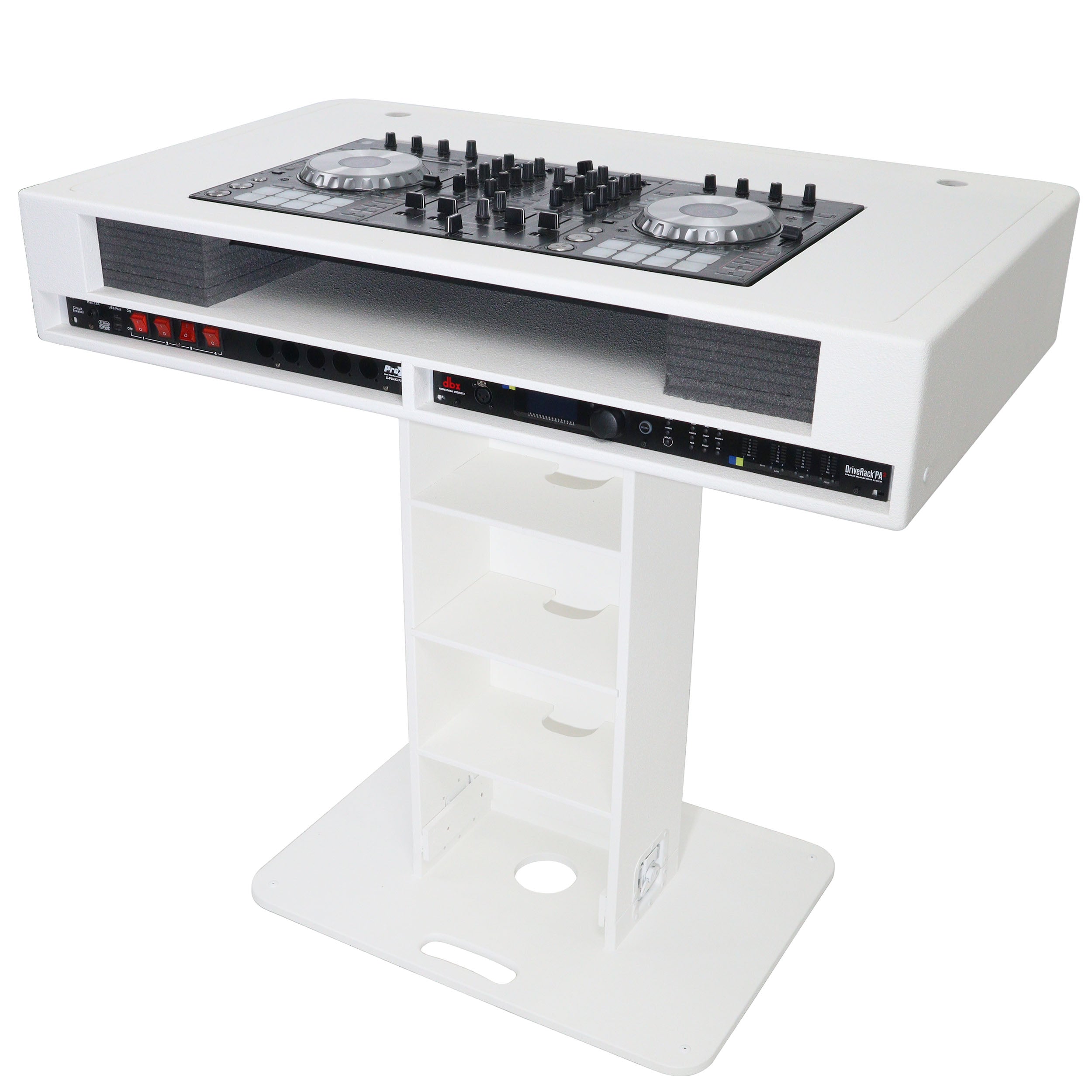 Control Tower DJ Podium 2x 1U Rack Space with Road Cases for Pioneer DDJ-REV7 XDJ-XZ FLX10 RANE Four - White Finish