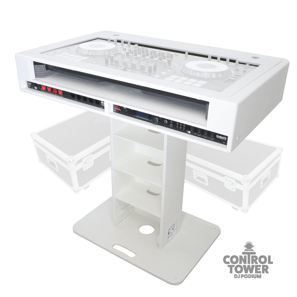 Control Tower DJ Podium 2x 1U Rack Space with Road Cases for Pioneer DDJ-REV7 XDJ-XZ FLX10 RANE Four - White Finish