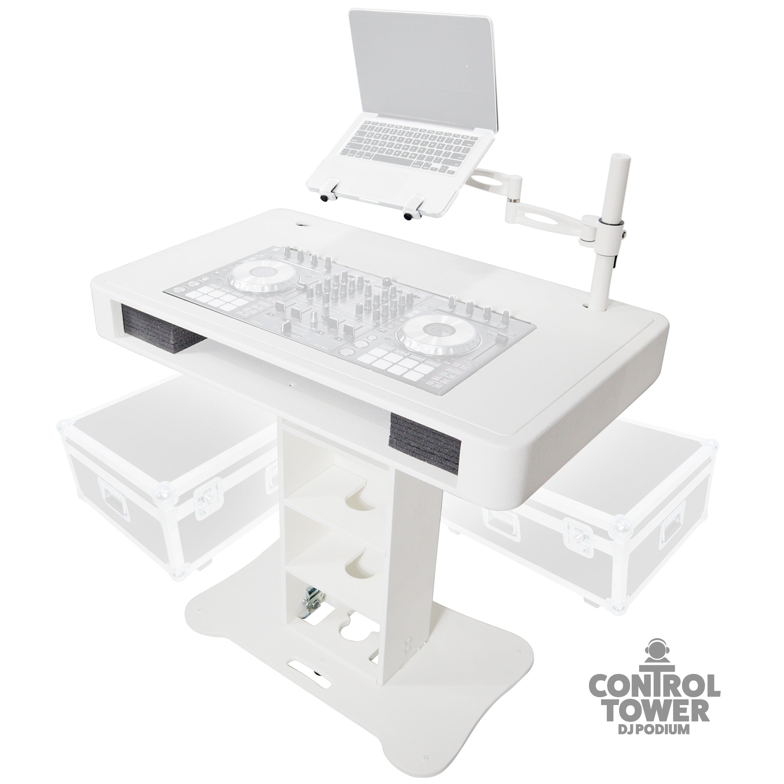 Control Tower DJ Podium with Road Cases for Pioneer DDJ-REV7 XDJ-XZ FLX10 RANE Four - White Finish