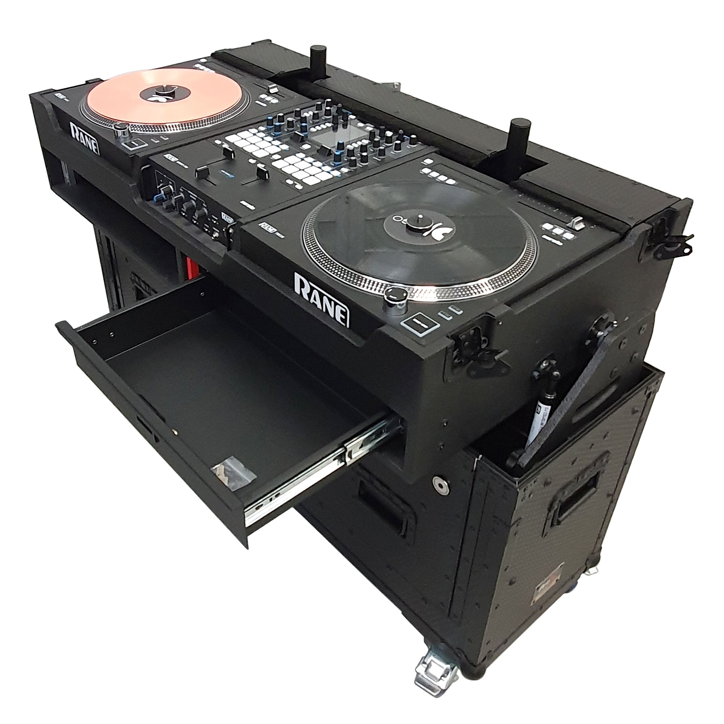 Flip-Ready Easy Retracting Hydraulic Lift Case for RANE Twelve Seventy and Seventy Two MKII Series , with Two Laptop Arms