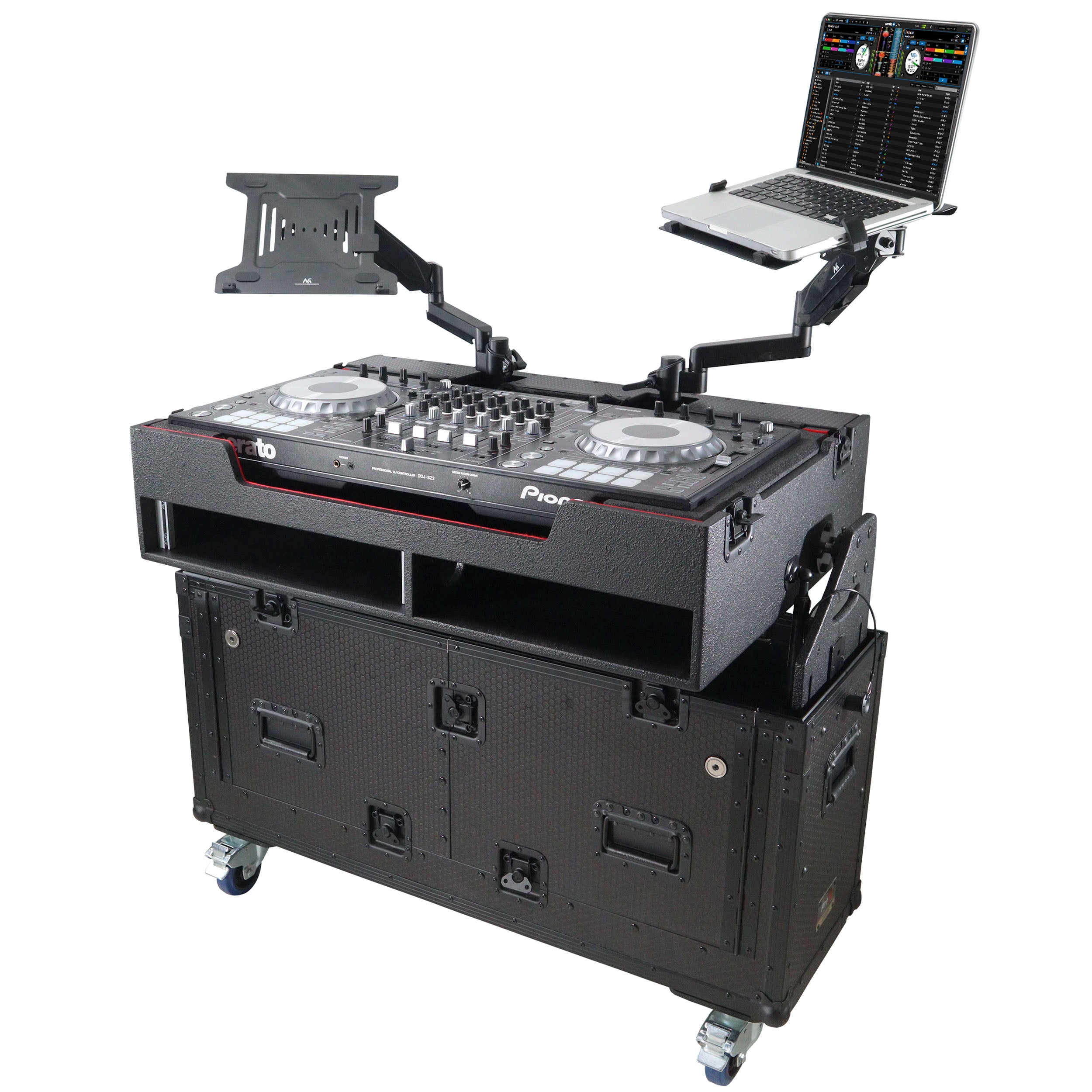 Flip-Ready Hydraulic DJ Flight Case For Pioneer DDJ-REV7 XDJ-XZ Opus Quad with Wheels and 2x Laptop Trays