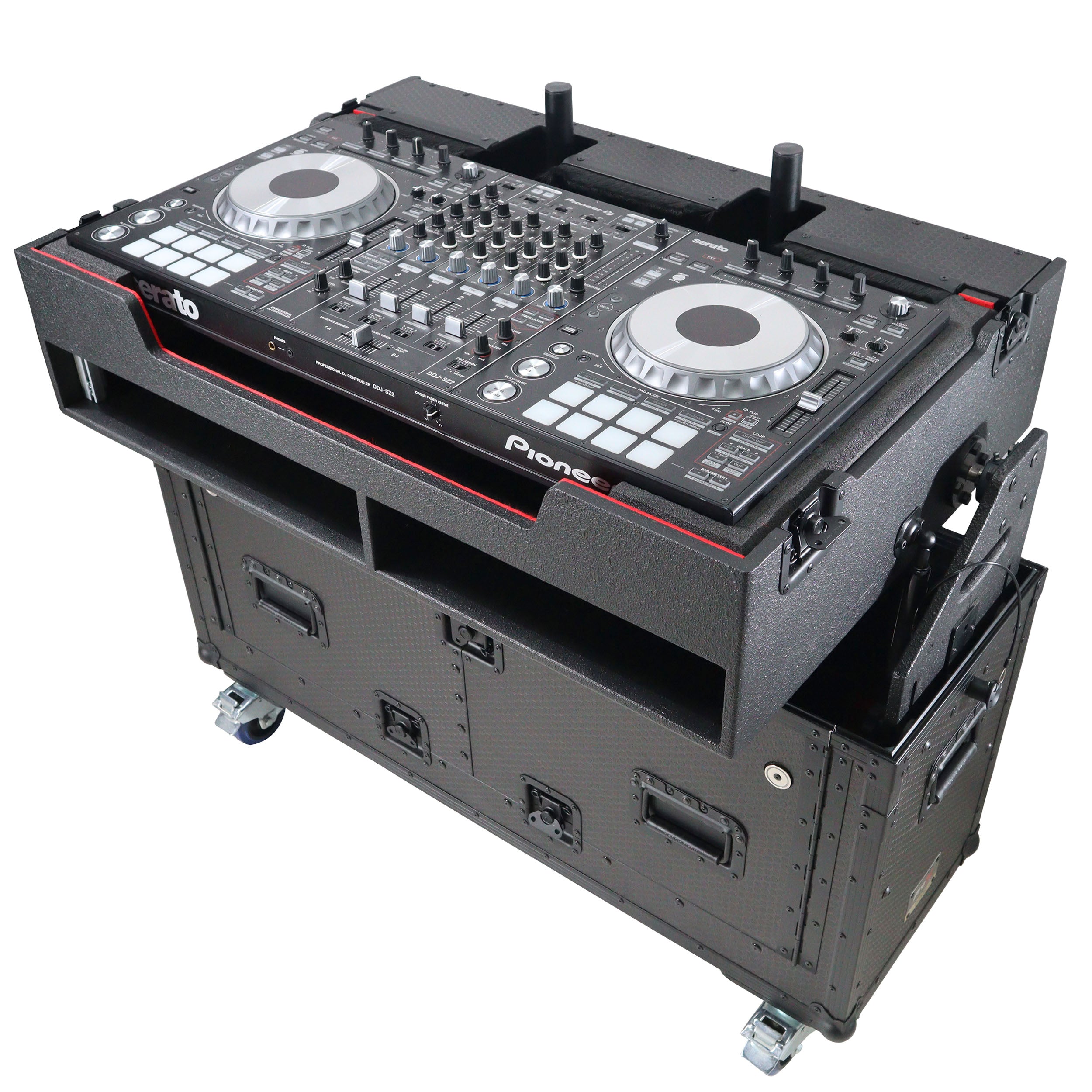 Flip-Ready Hydraulic DJ Flight Case For Pioneer DDJ-REV7 XDJ-XZ Opus Quad with Wheels and 2x Laptop Trays
