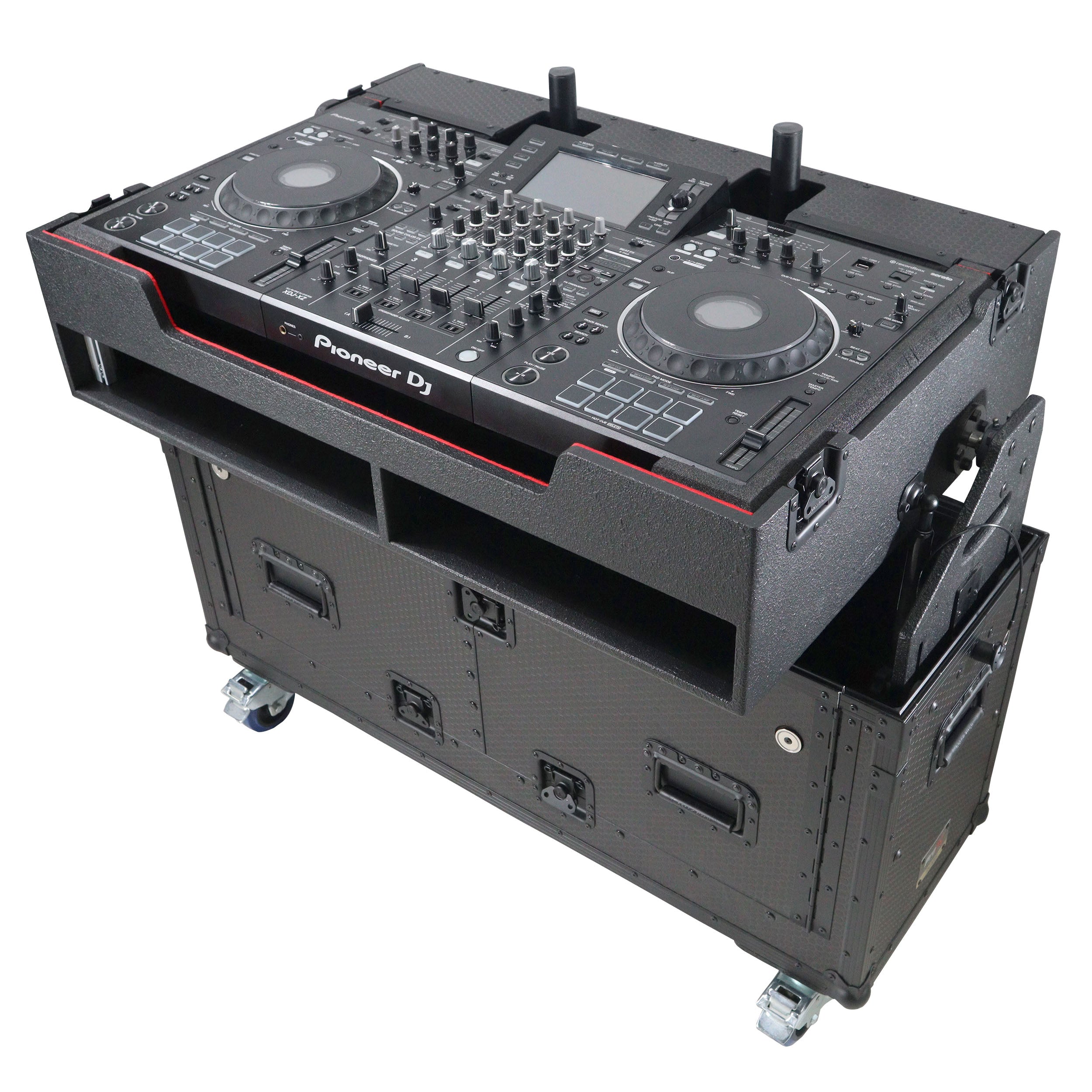 Flip-Ready Hydraulic DJ Flight Case For Pioneer DDJ-REV7 XDJ-XZ Opus Quad with Wheels and 2x Laptop Trays