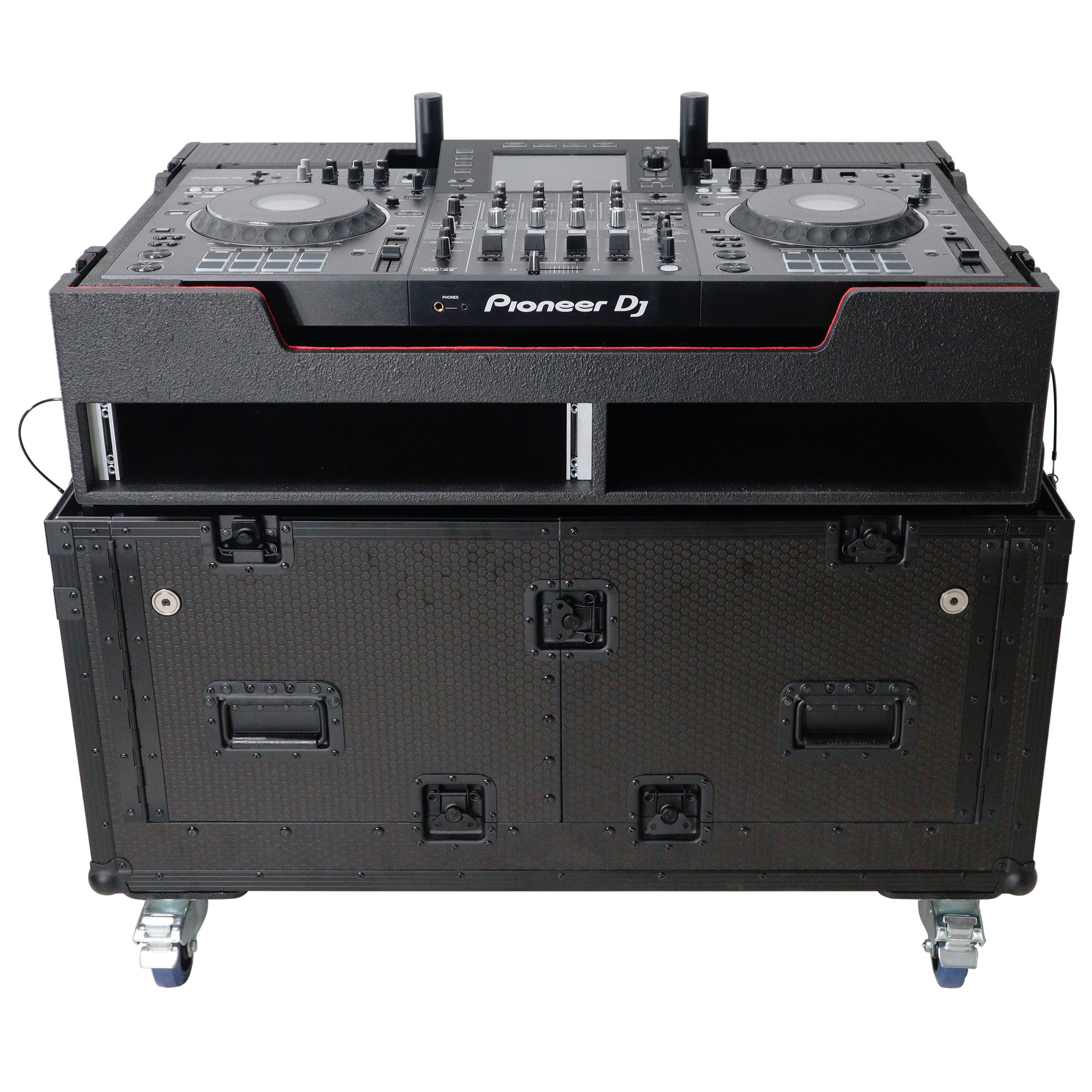 Flip-Ready Hydraulic DJ Flight Case For Pioneer DDJ-REV7 XDJ-XZ Opus Quad with Wheels and 2x Laptop Trays