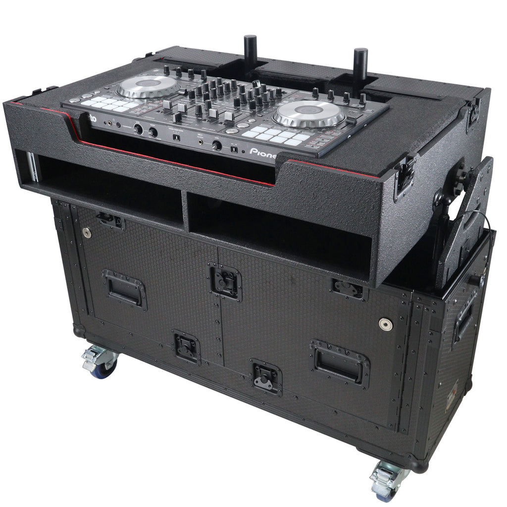 Flip-Ready Hydraulic DJ Flight Case For Pioneer DDJ-REV7 XDJ-XZ Opus Quad with Wheels and 2x Laptop Trays