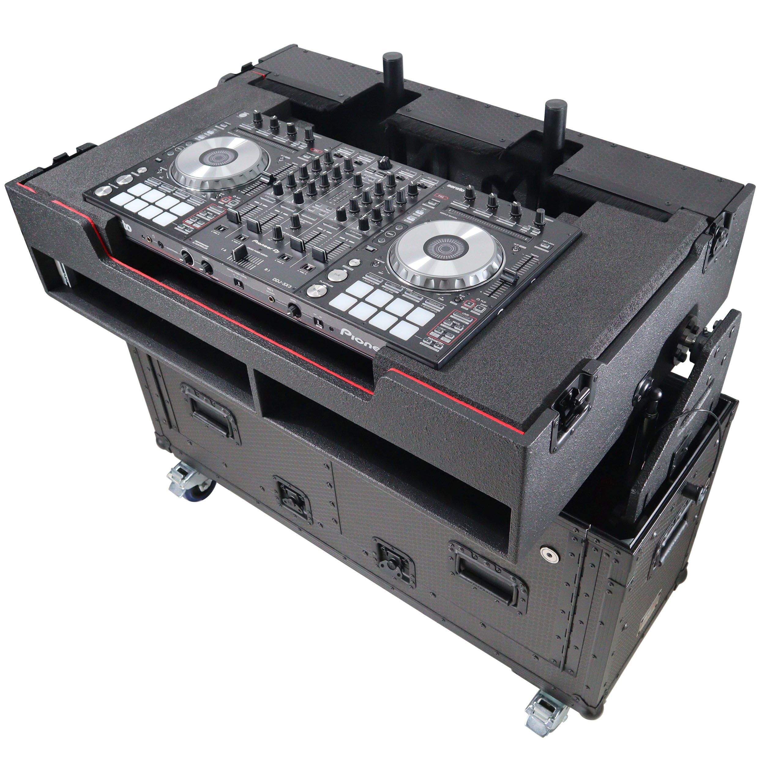 Flip-Ready Hydraulic DJ Flight Case For Pioneer DDJ-REV7 XDJ-XZ Opus Quad with Wheels and 2x Laptop Trays