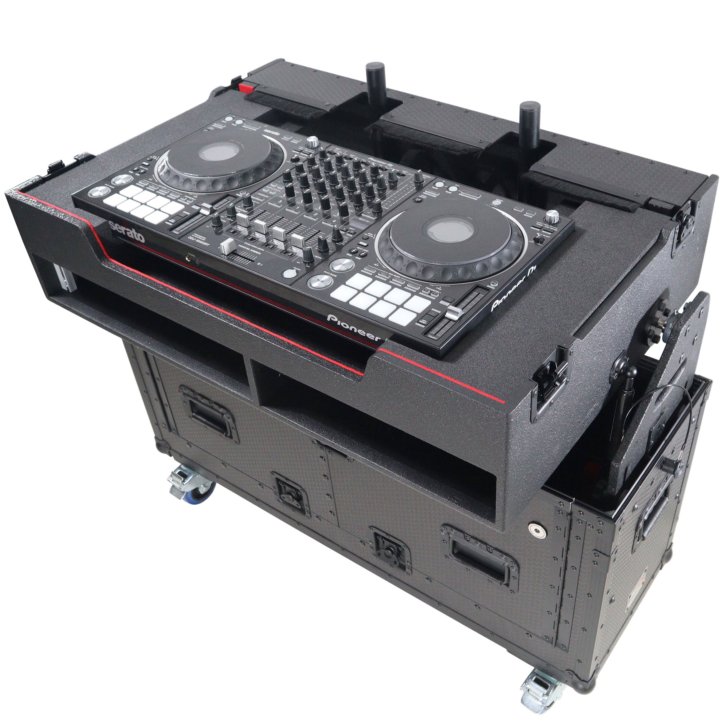 Flip-Ready Hydraulic DJ Flight Case For Pioneer DDJ-REV7 XDJ-XZ Opus Quad with Wheels and 2x Laptop Trays