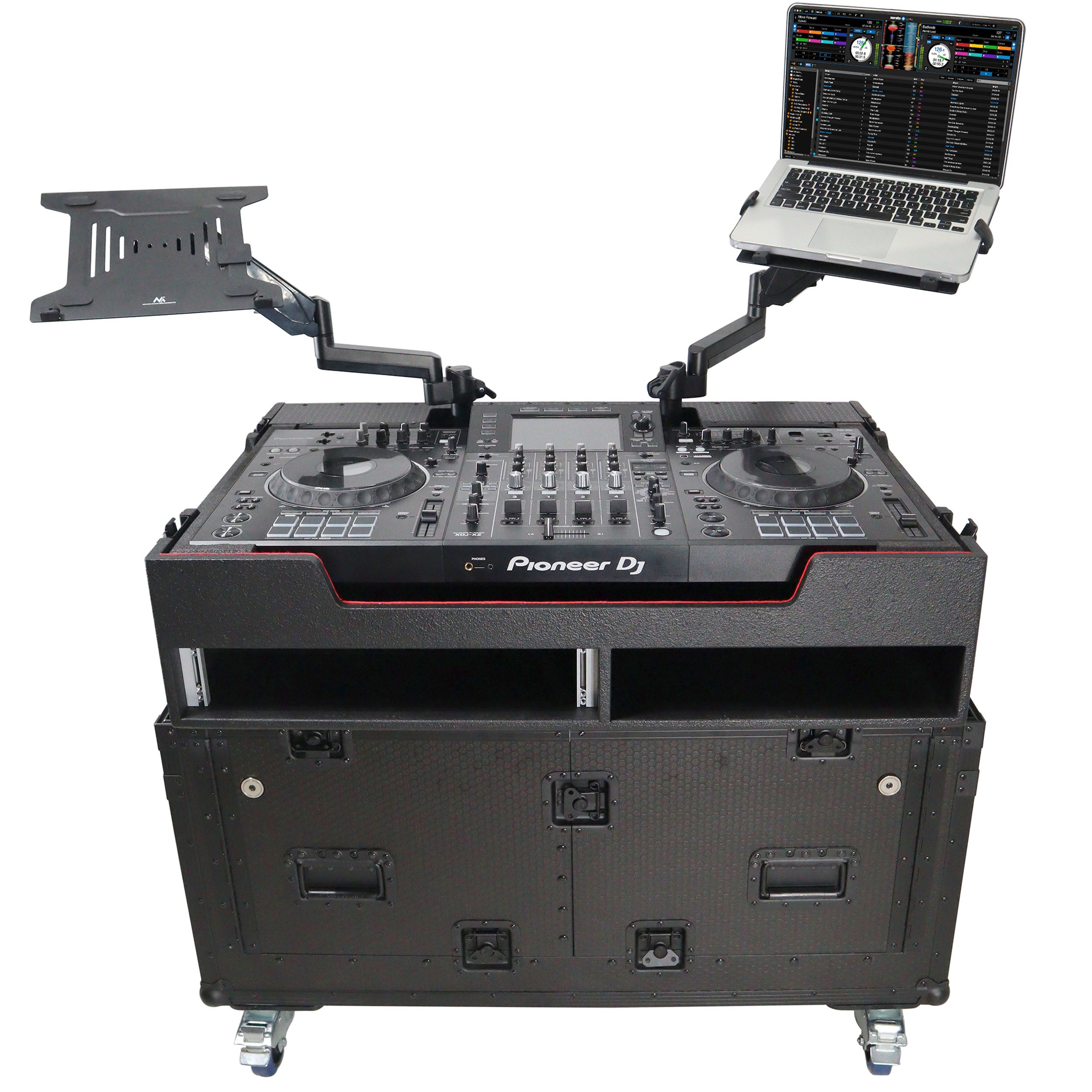 Flip-Ready Hydraulic DJ Flight Case For Pioneer DDJ-REV7 XDJ-XZ Opus Quad with Wheels and 2x Laptop Trays