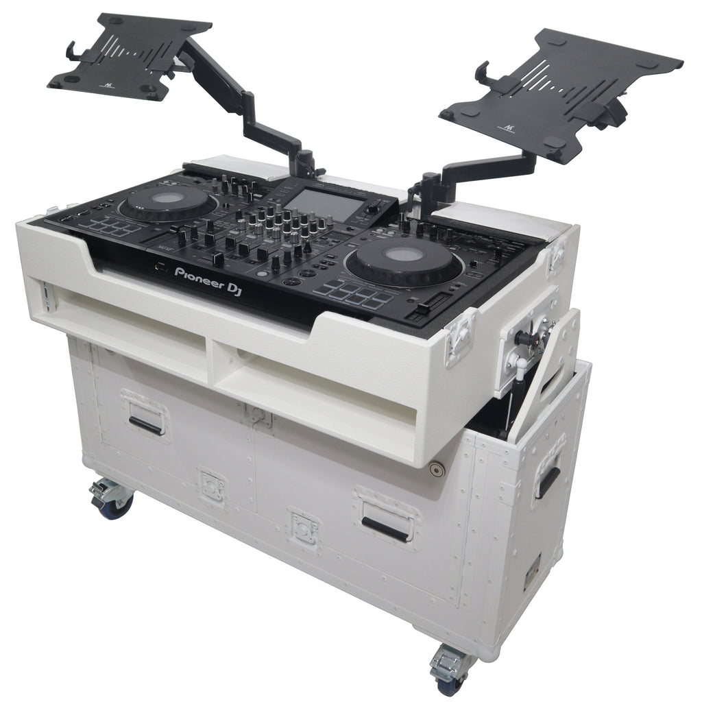 Flip-Ready Hydraulic DJ Flight Case For Pioneer DDJ-REV7 XDJ-XZ DDJ-1000 SZ2 SX3 with Wheels and 2x Laptop Trays White Finish