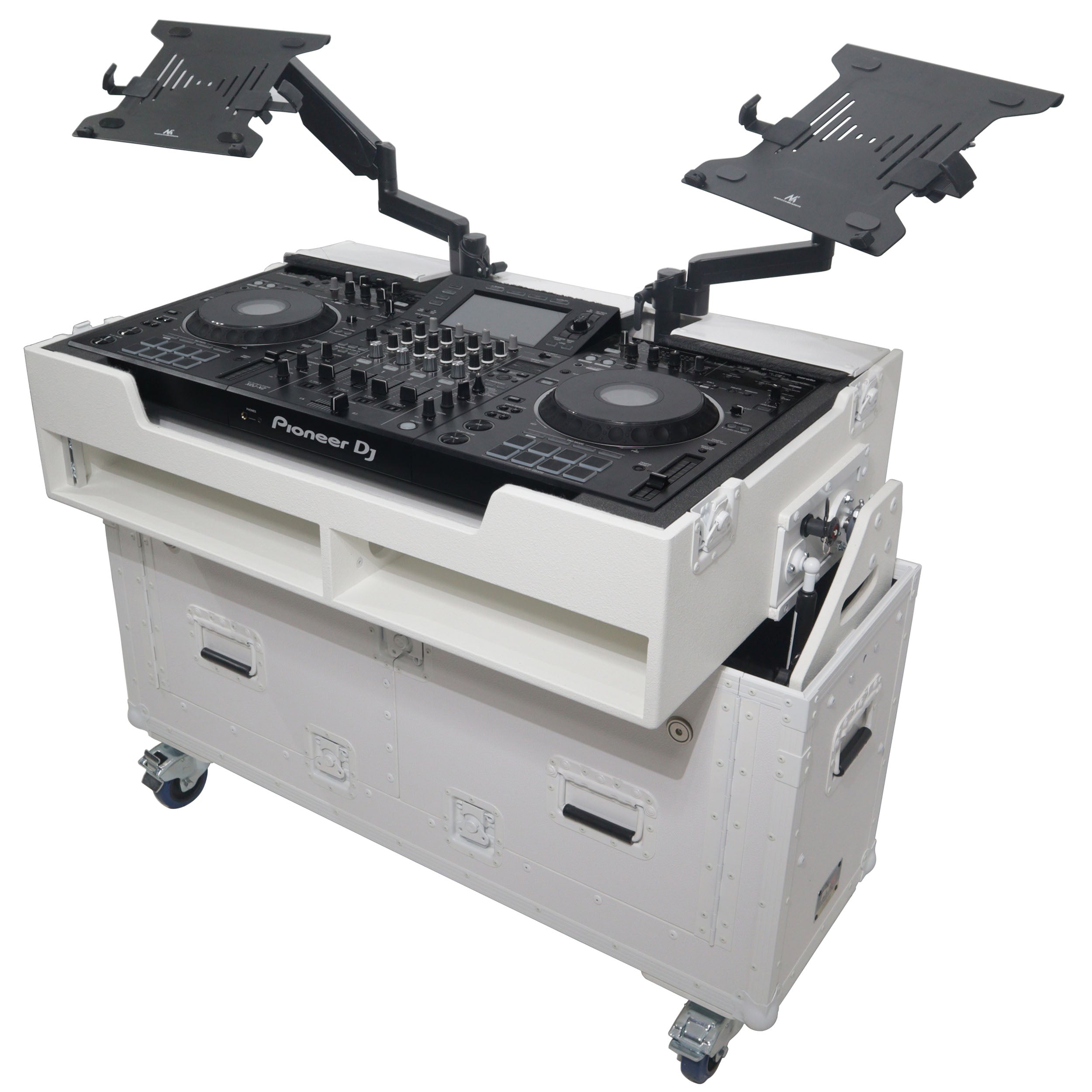 Flip-Ready Hydraulic DJ Flight Case For Pioneer DDJ-REV7 XDJ-XZ DDJ-1000 SZ2 SX3 with Wheels and 2x Laptop Trays White Finish