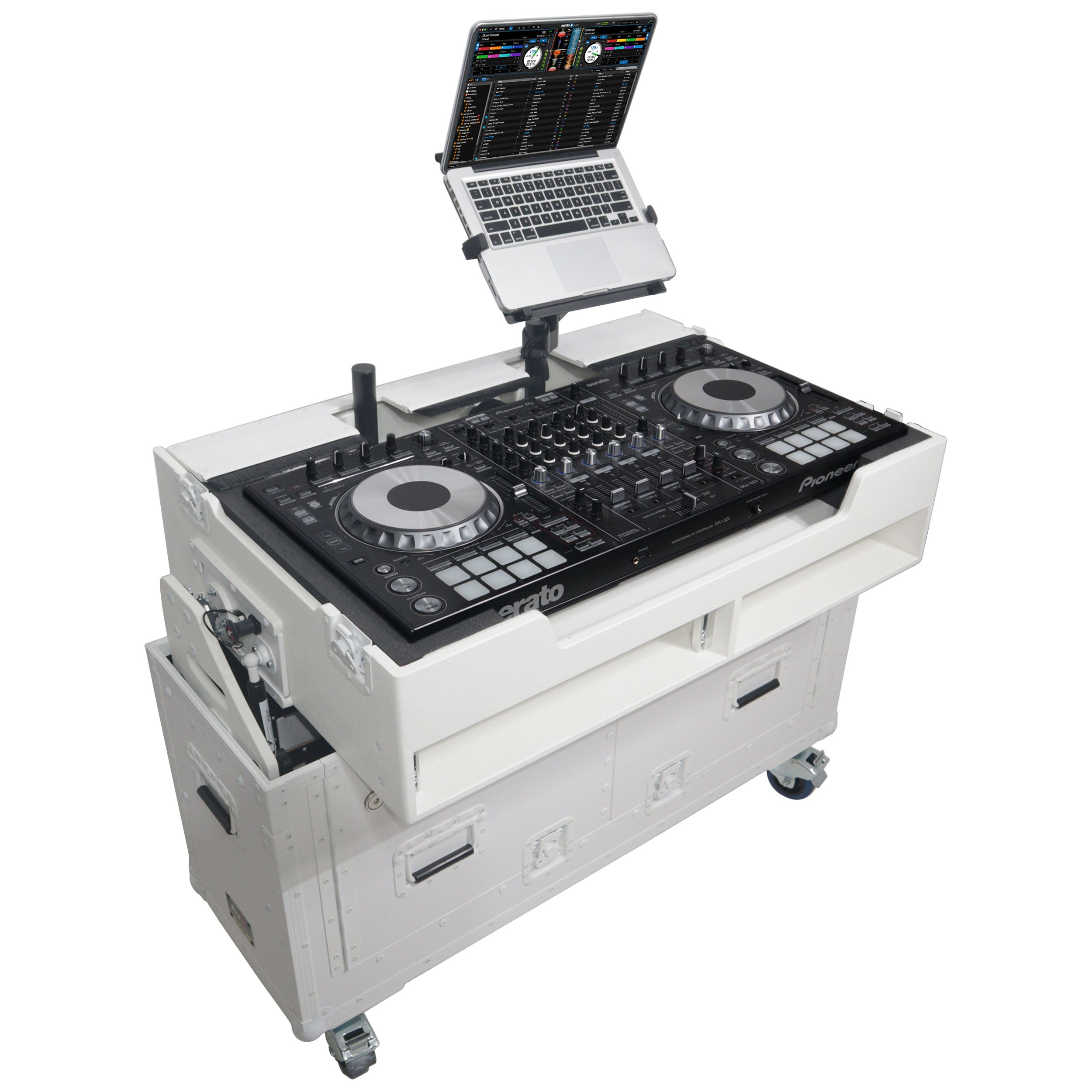 Flip-Ready Hydraulic DJ Flight Case For Pioneer DDJ-REV7 XDJ-XZ DDJ-1000 SZ2 SX3 with Wheels and 2x Laptop Trays White Finish