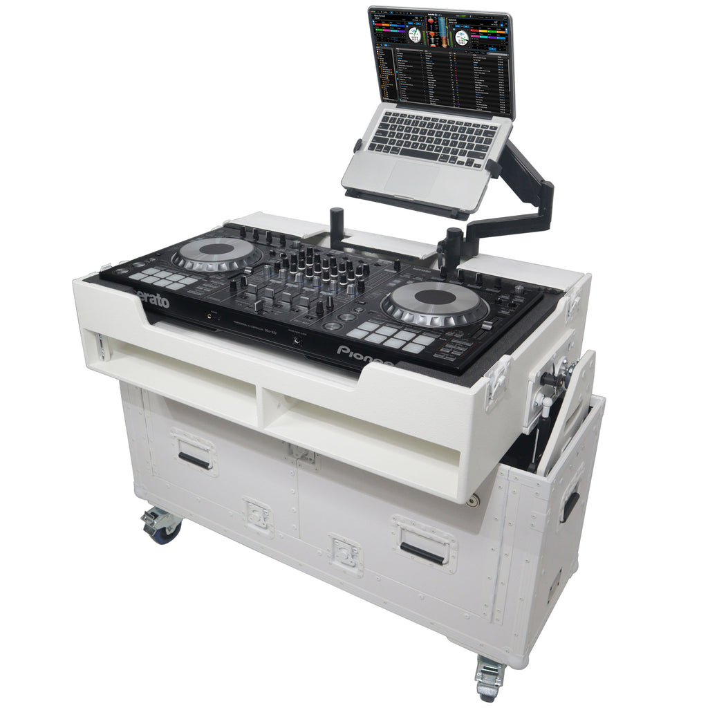 Flip-Ready Hydraulic DJ Flight Case For Pioneer DDJ-REV7 XDJ-XZ DDJ-1000 SZ2 SX3 with Wheels and 2x Laptop Trays White Finish