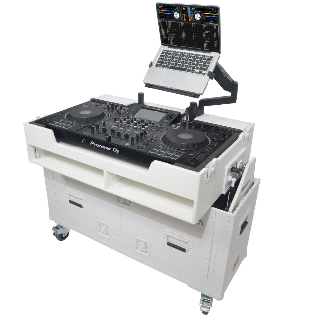 Flip-Ready Hydraulic DJ Flight Case For Pioneer DDJ-REV7 XDJ-XZ DDJ-1000 SZ2 SX3 with Wheels and 2x Laptop Trays White Finish