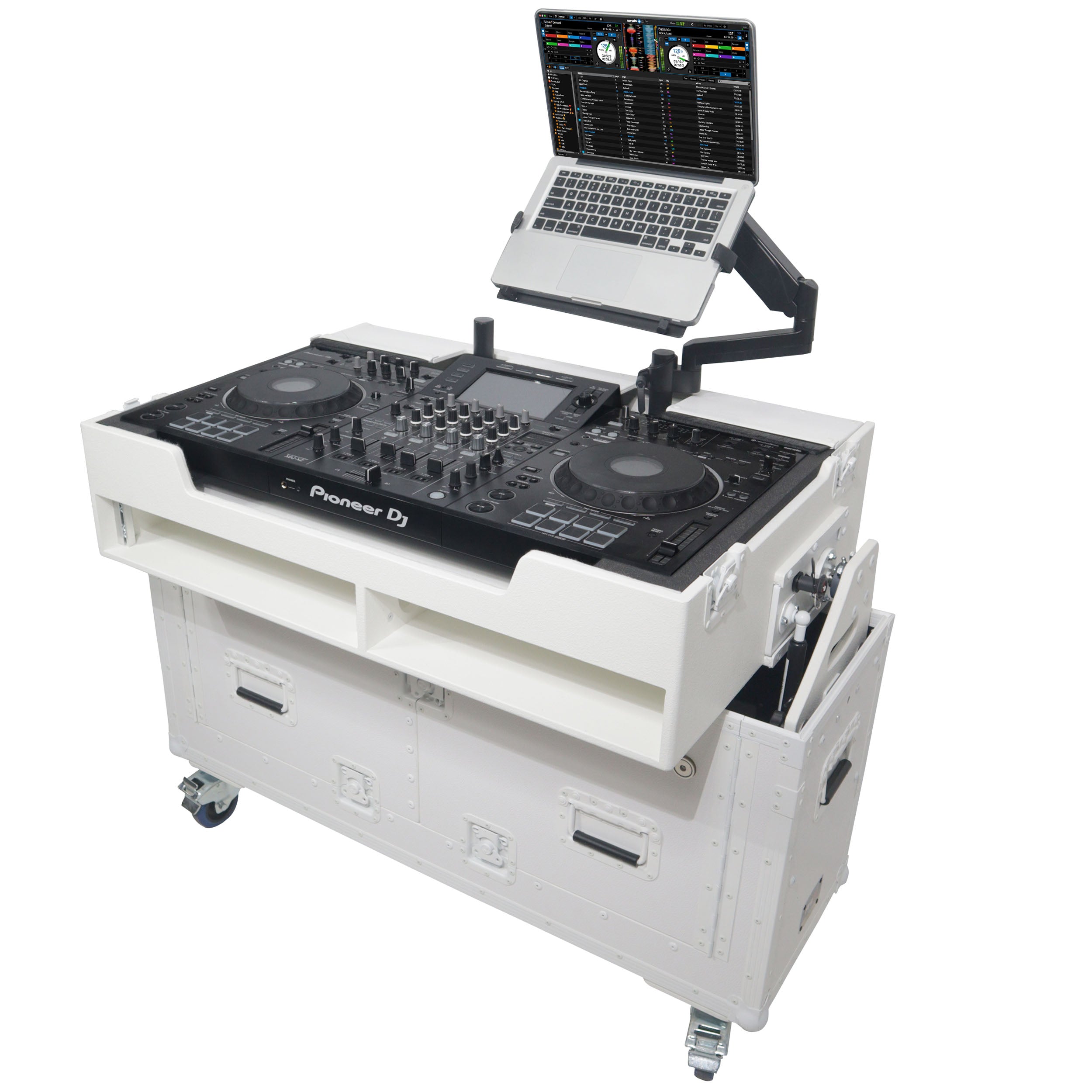 Flip-Ready Hydraulic DJ Flight Case For Pioneer DDJ-REV7 XDJ-XZ DDJ-1000 SZ2 SX3 with Wheels and 2x Laptop Trays White Finish