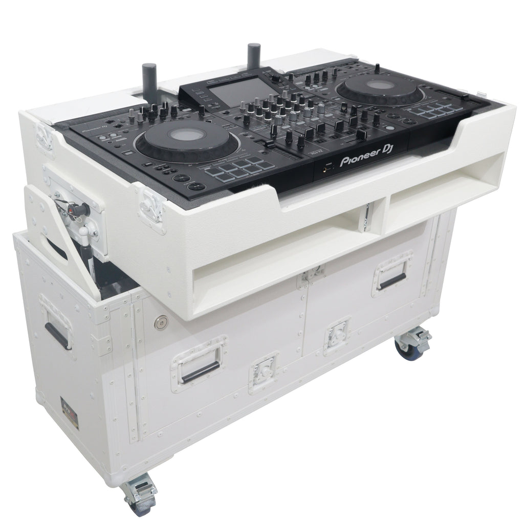 Flip-Ready Hydraulic DJ Flight Case For Pioneer DDJ-REV7 XDJ-XZ DDJ-1000 SZ2 SX3 with Wheels and 2x Laptop Trays White Finish