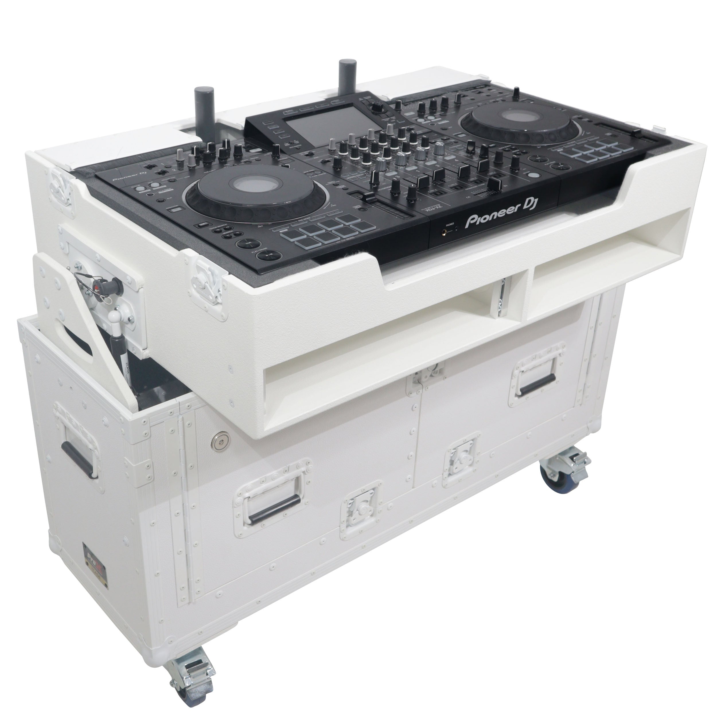 Flip-Ready Hydraulic DJ Flight Case For Pioneer DDJ-REV7 XDJ-XZ DDJ-1000 SZ2 SX3 with Wheels and 2x Laptop Trays White Finish