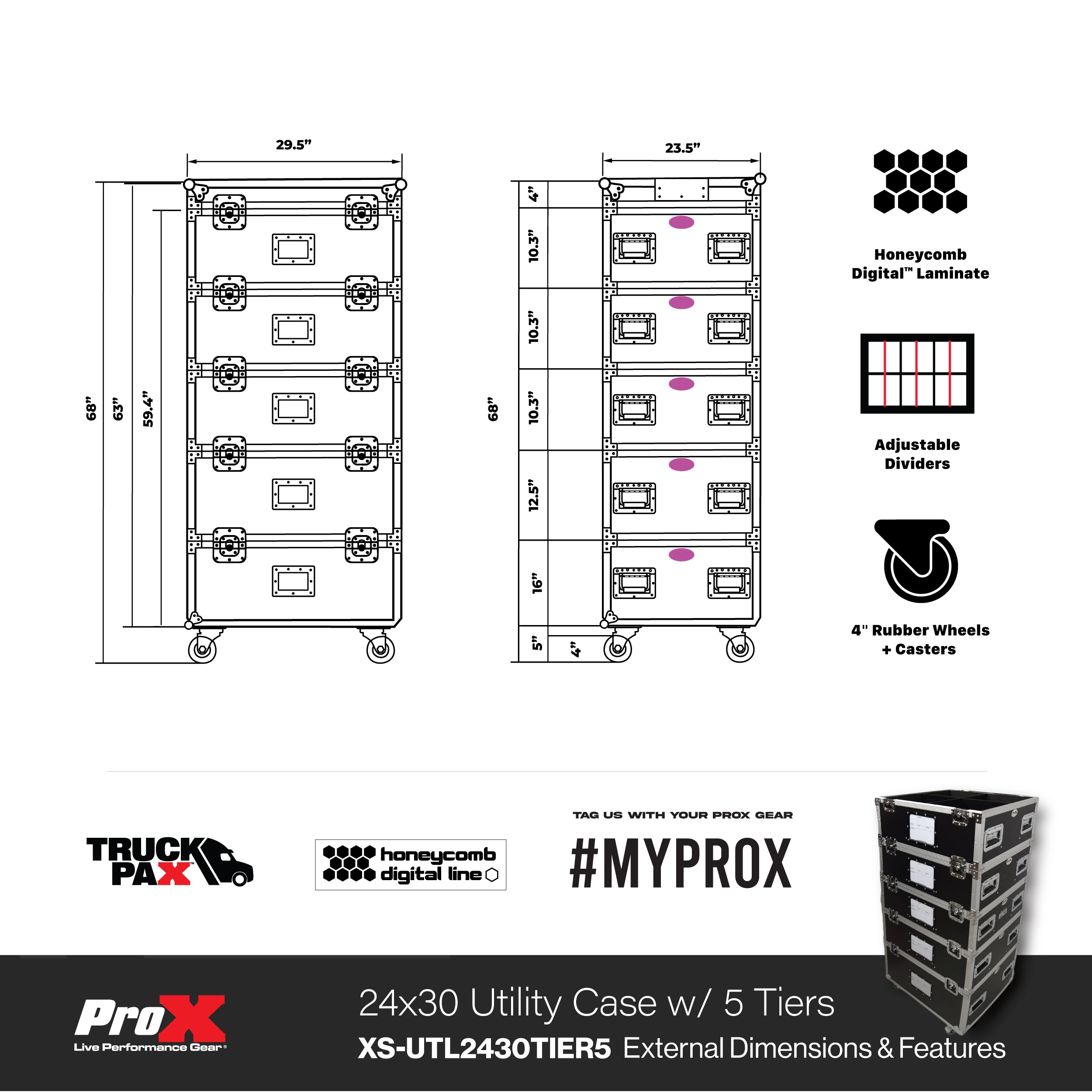 5 Tier TruckPax Utility ATA Flight Case Truck Storage Road Case with Dividers and 4" in casters – 24"x30"x68" Ext