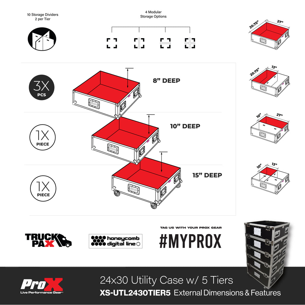 5 Tier TruckPax Utility ATA Flight Case Truck Storage Road Case with Dividers and 4" in casters – 24"x30"x68" Ext