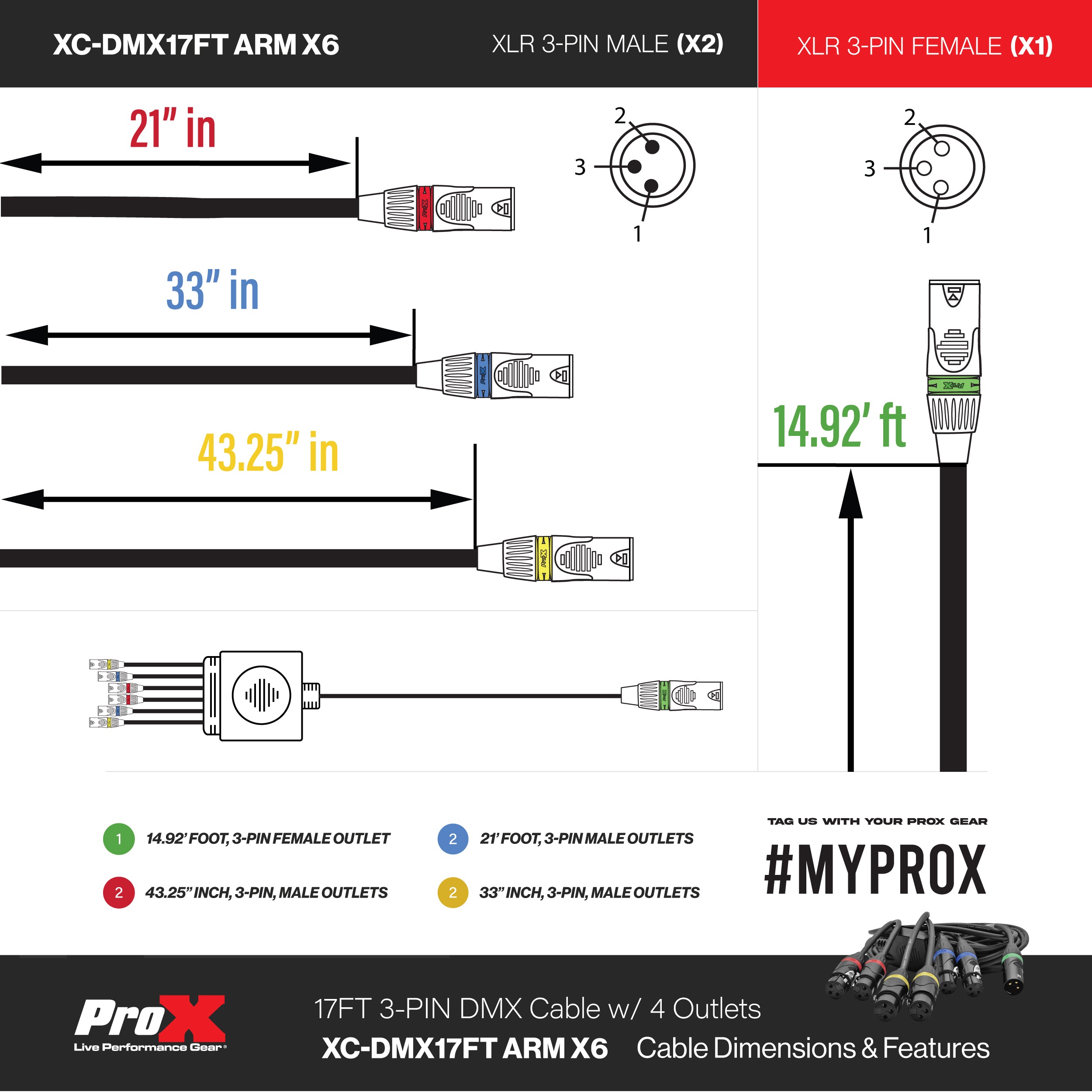 17FT 1 to 6 Outlet 3PIN DMX CABLE High Performance