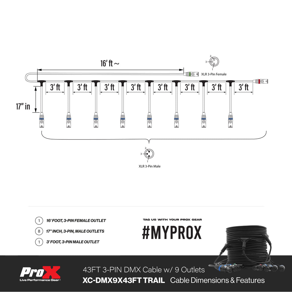 XC-DMX9X43FT TRAIL – 43FT 3-Pin DMX Cable w/ 9 Breakouts