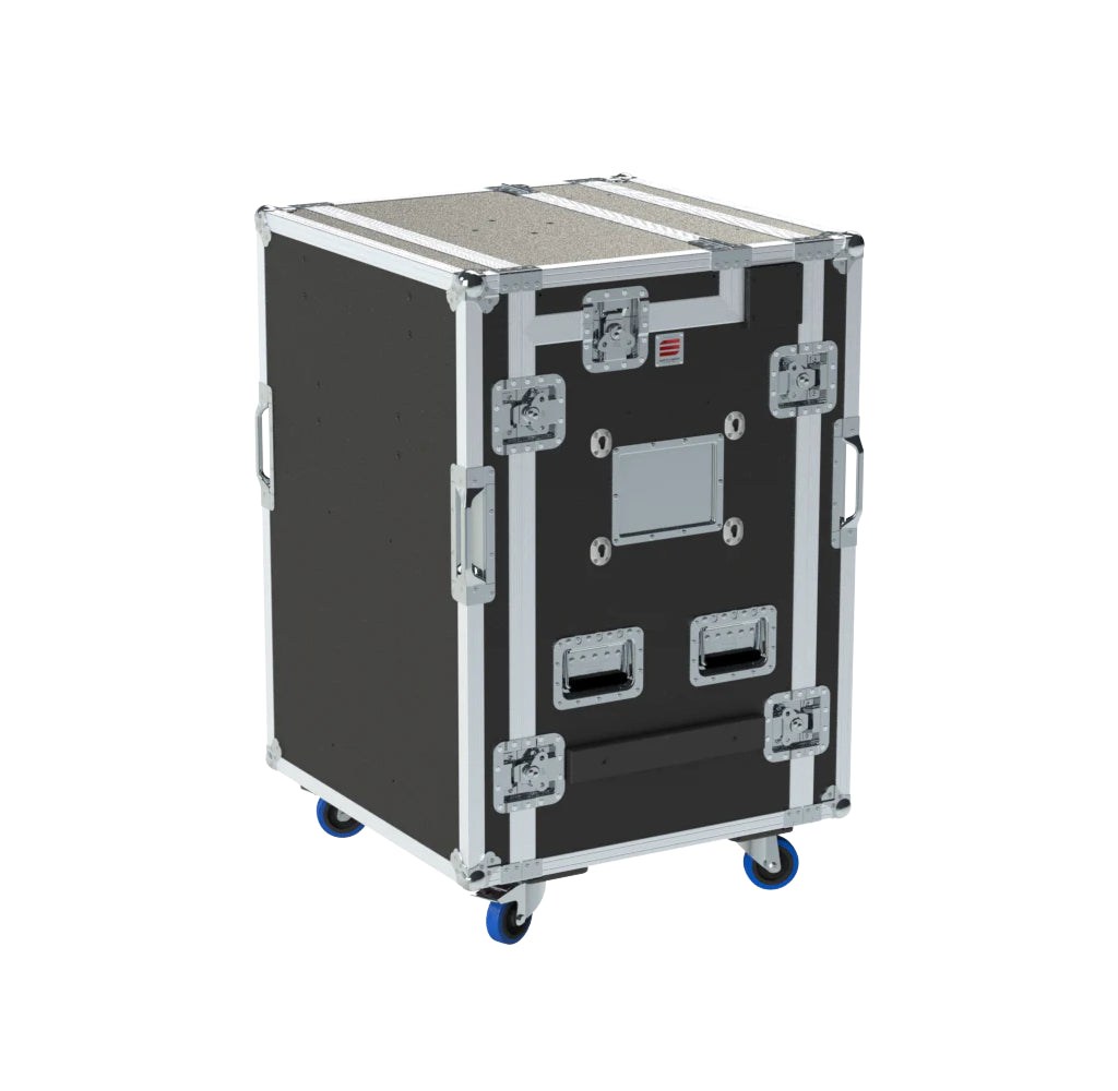 Video Control Workstation Flight Case 16U + 5U Rack with Dual Side Tables & Triple Monitor Mount by Santosom