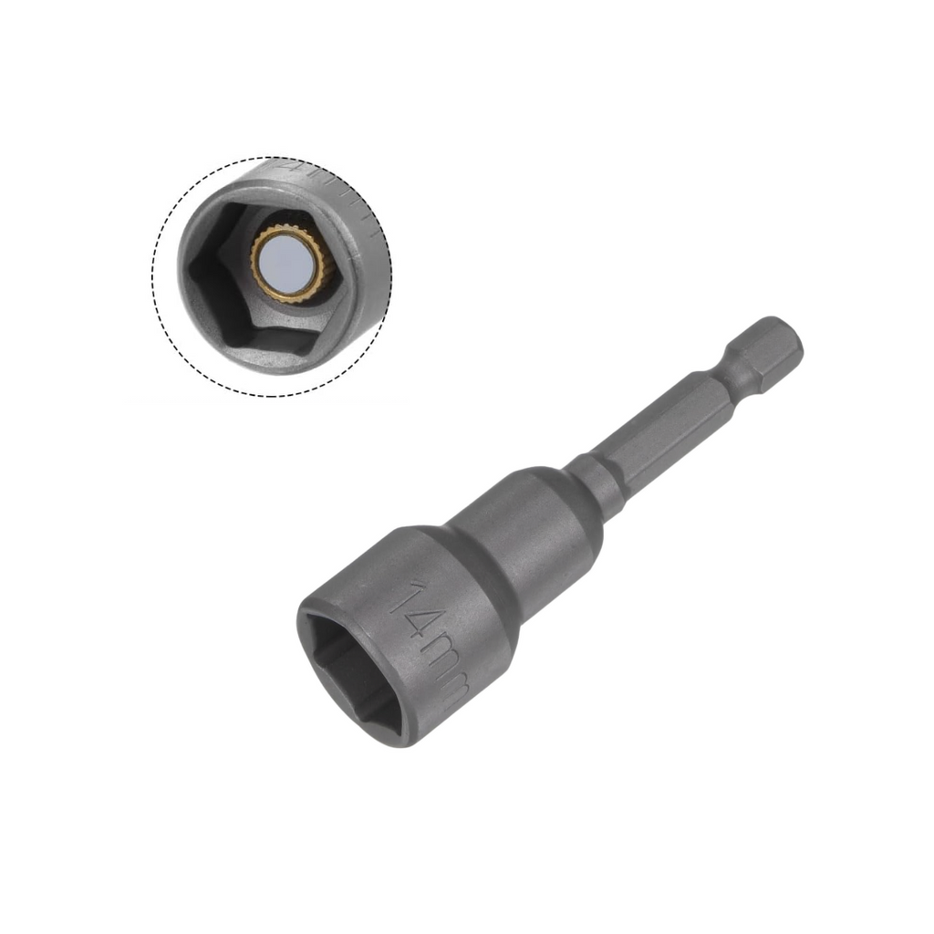 14mm Magnetic Hex Socket for Bolts – 65mm Length, 1/4" Hex Shank, CR-V Power Nut Driver for Drills